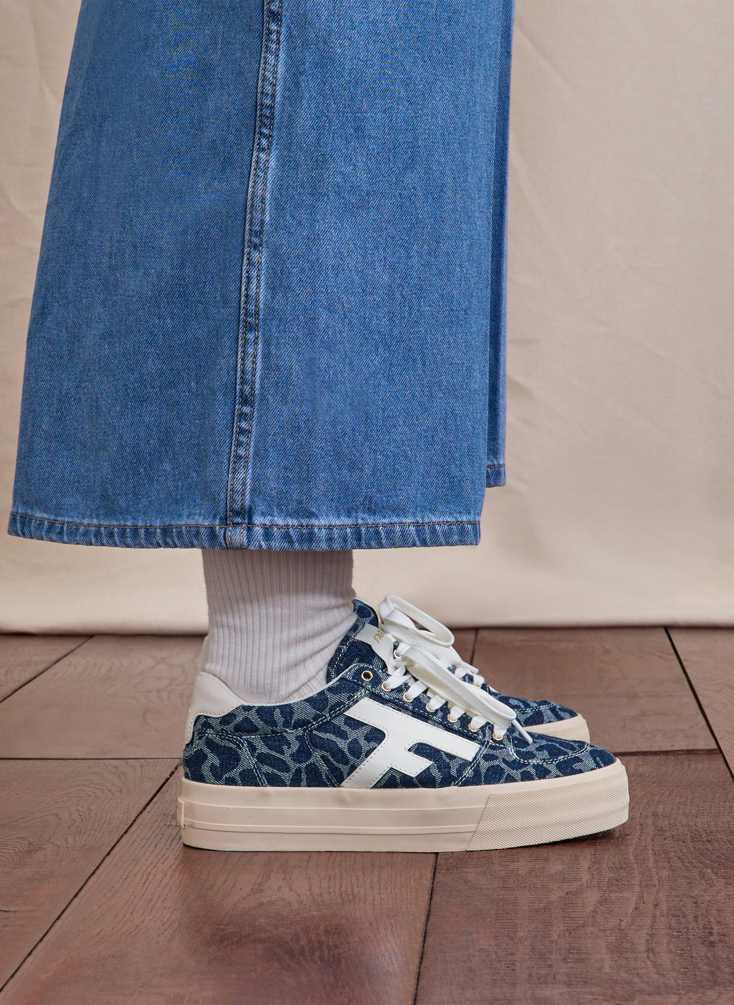 Leopard print denim wedge sneakers FAGUO Blue