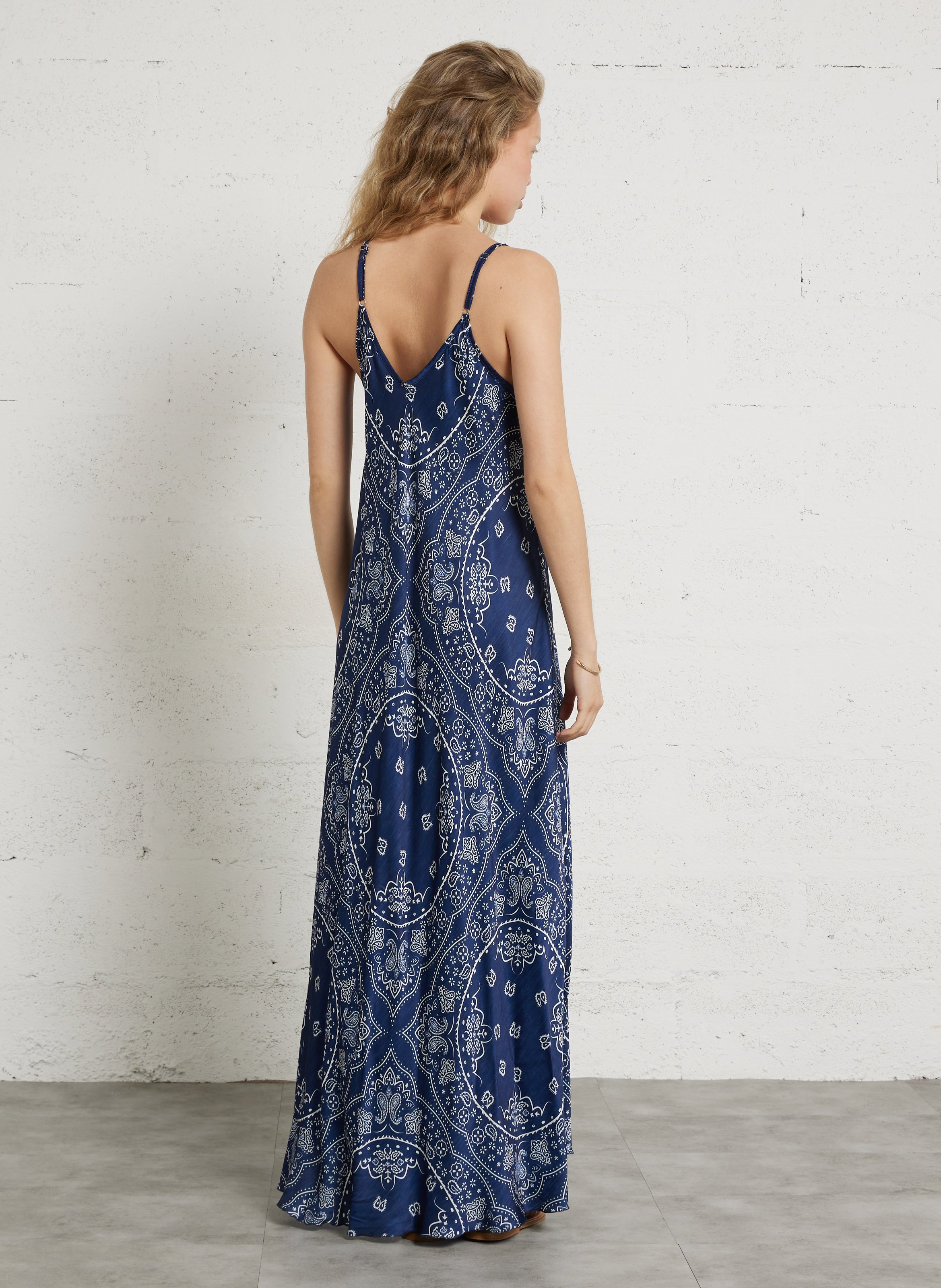 Long V-neck satin printed cashmere long dress AOKYANOS Blue
