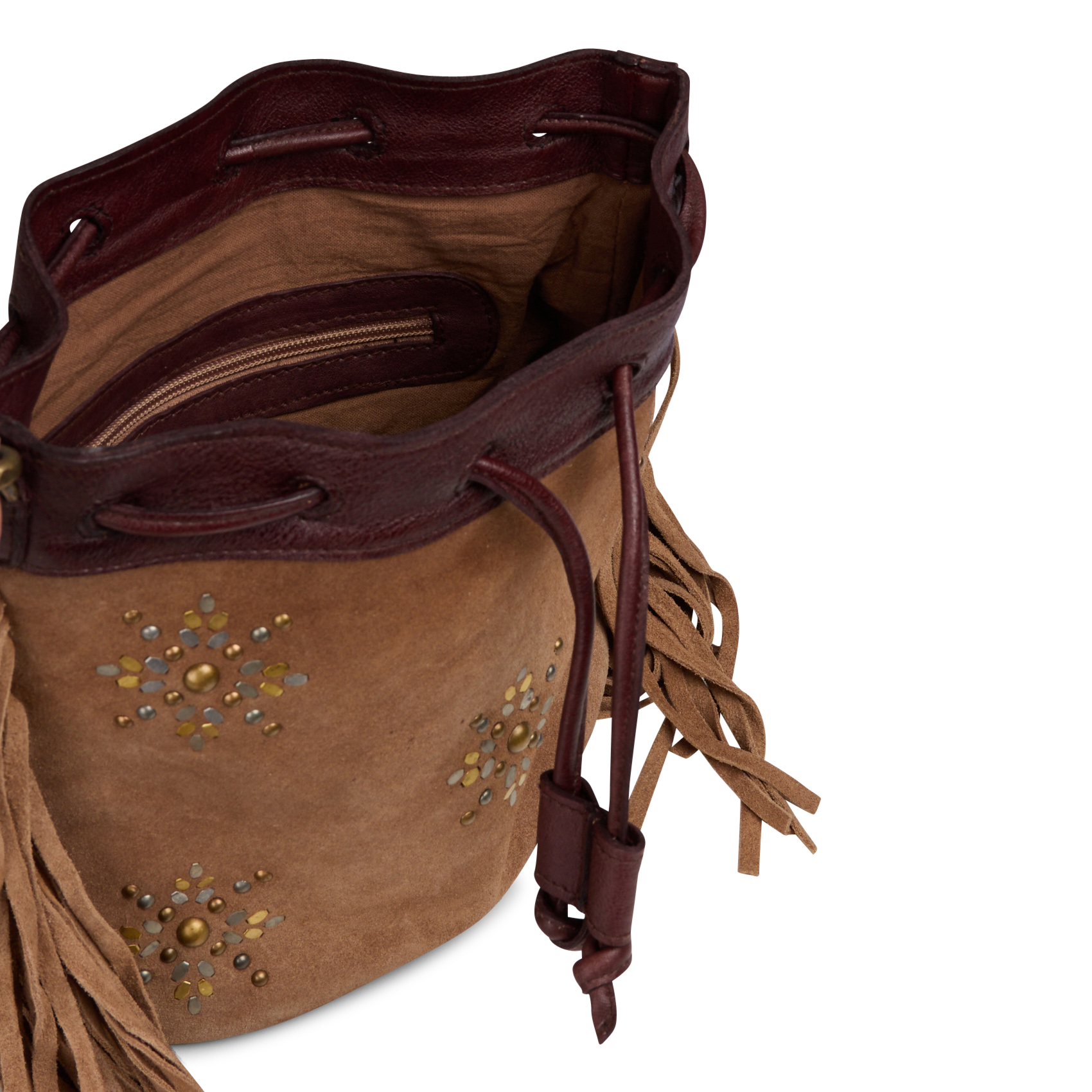 Leren schoudertas met franje MKT Bruin