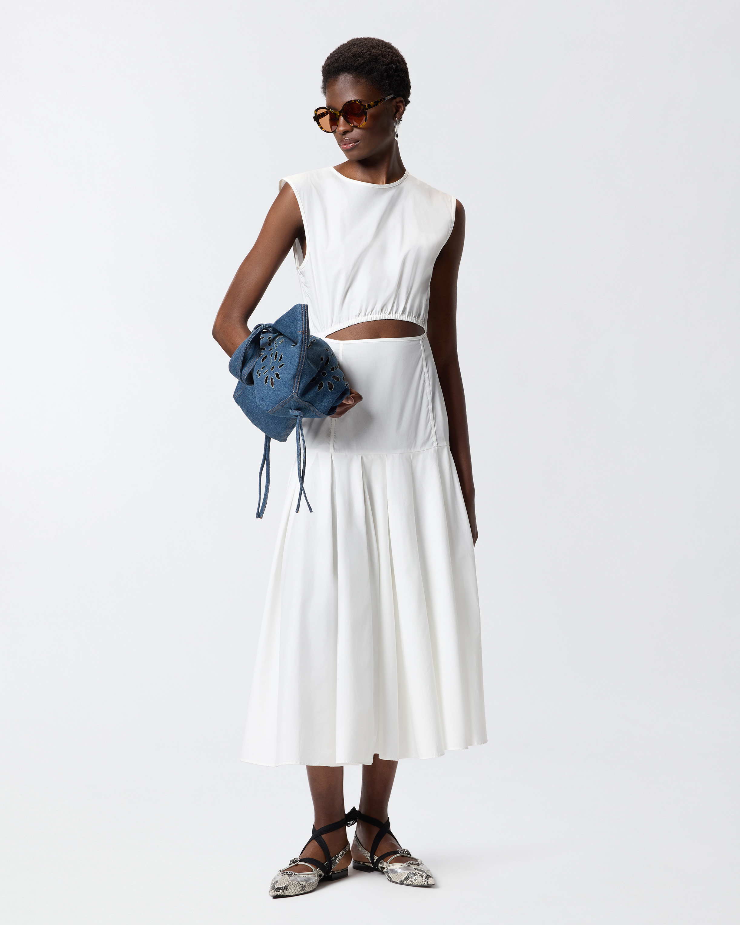 Robe midi plissée sans manches à découpe PINKO Blanc