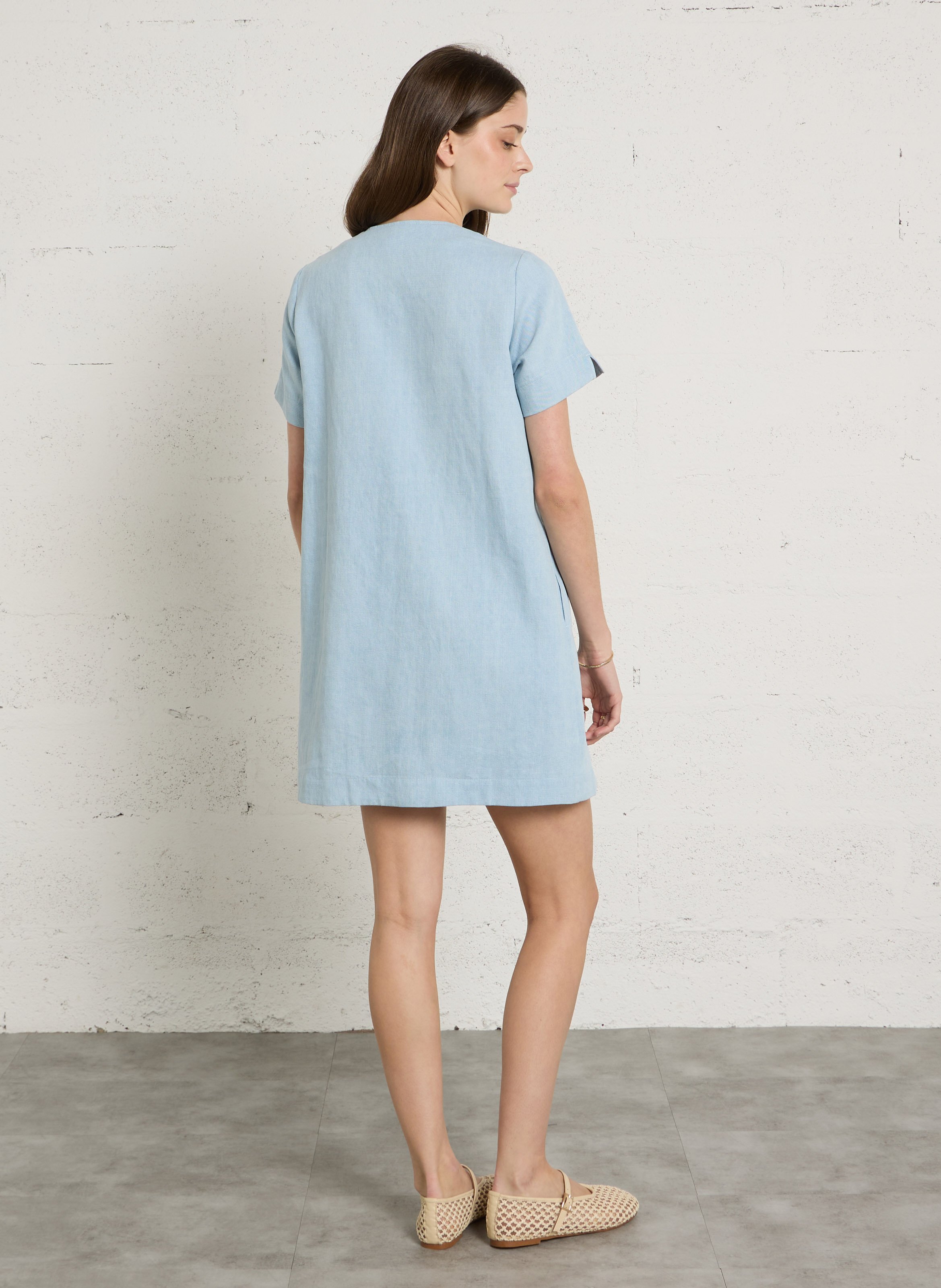 Robe courte col rond en denim de coton mélangé SUZIE WINKLE Bleu