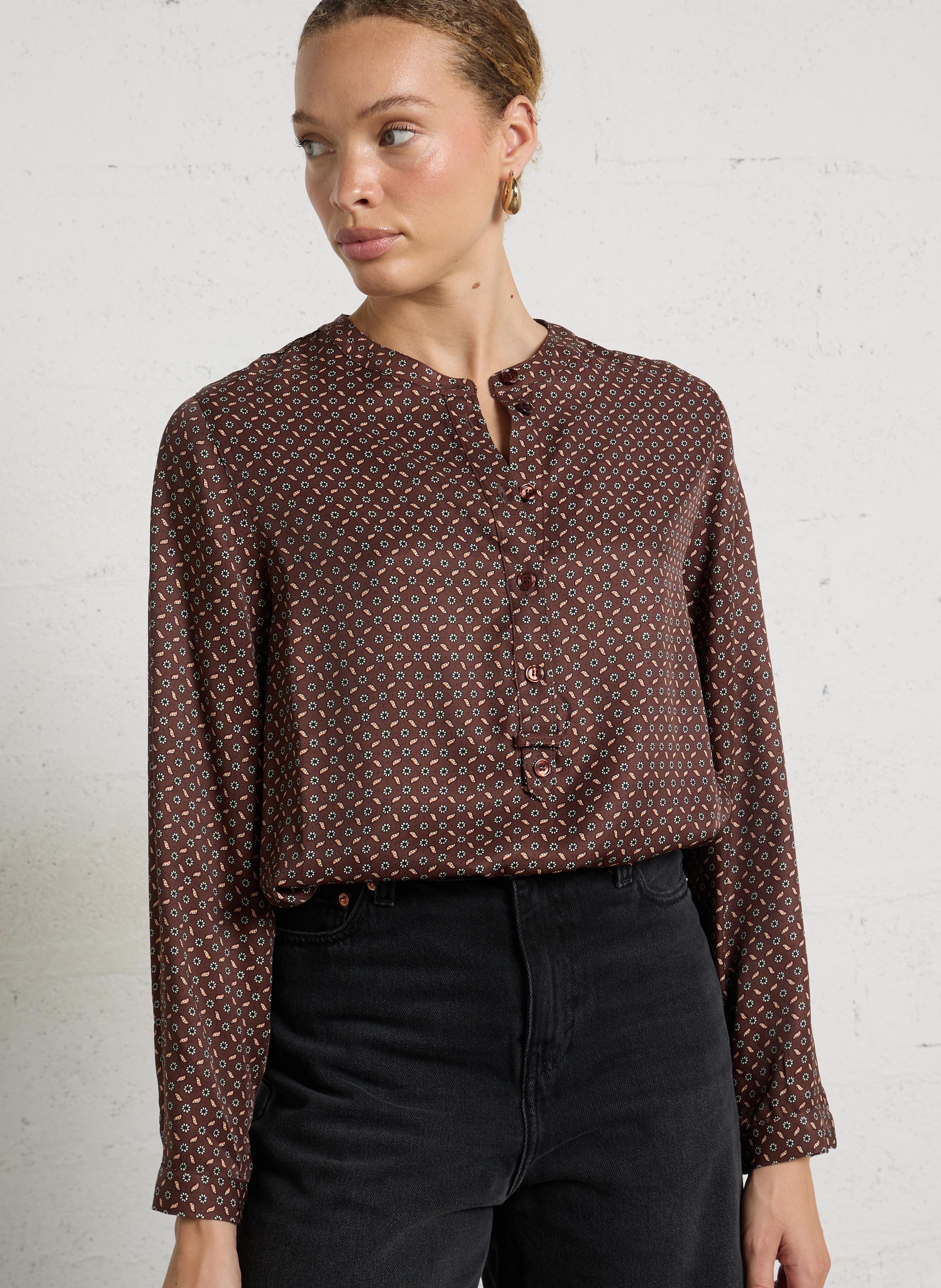 Loose blouse with Tunisian collar and print DES PETITS HAUTS Brown