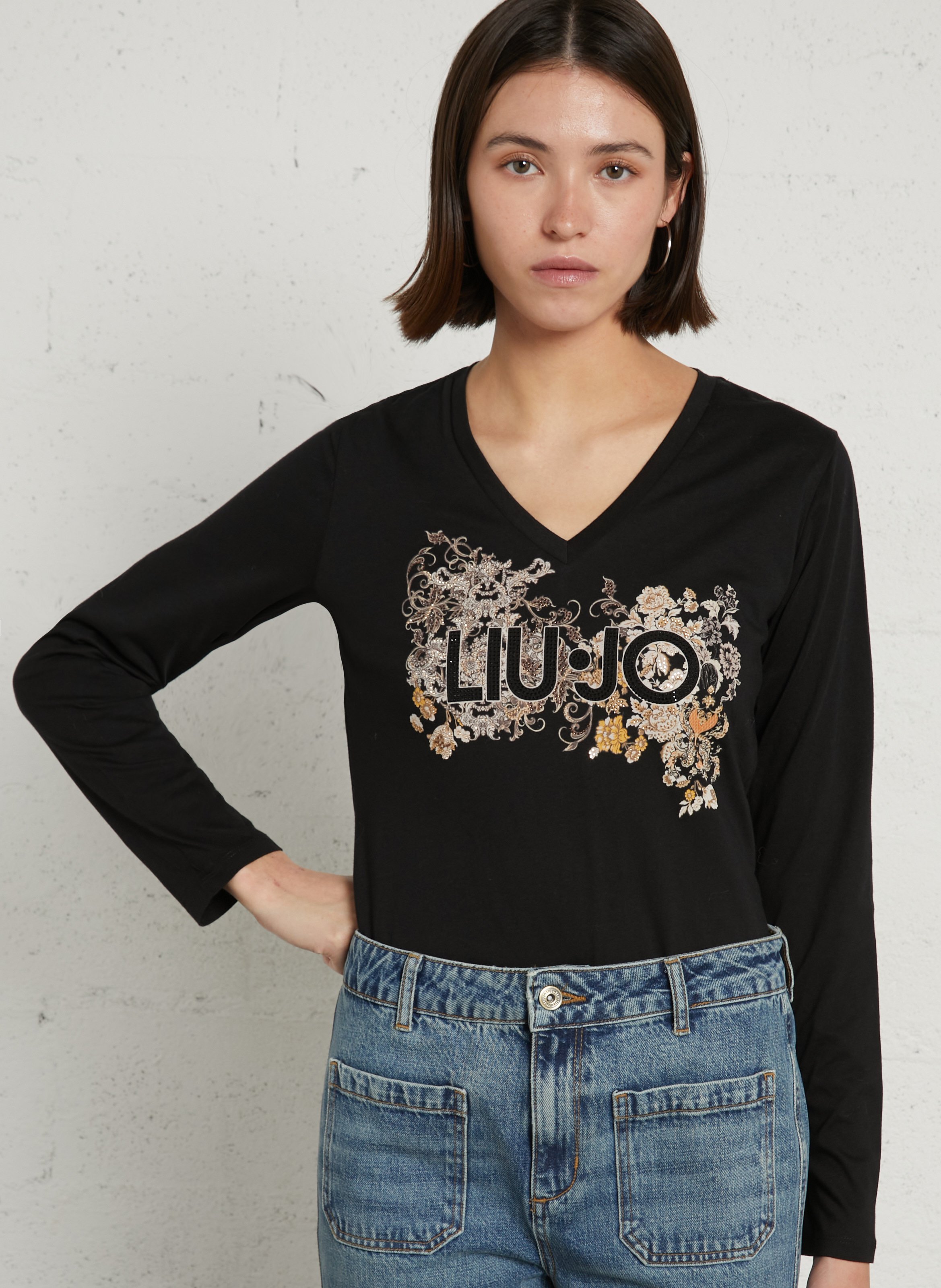 Gerader T-Shirt mit V-Ausschnitt, bedruckt mit Strass, aus Baumwolle. LIU JO Schwarz