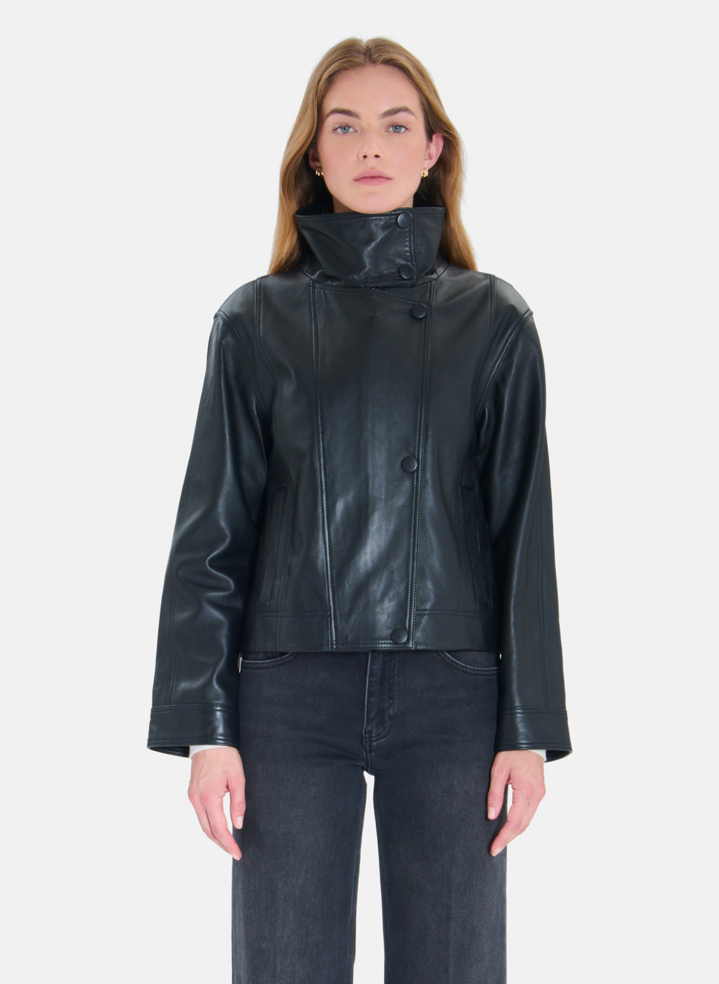 Veste droite col montant en cuir ZAPA Noir