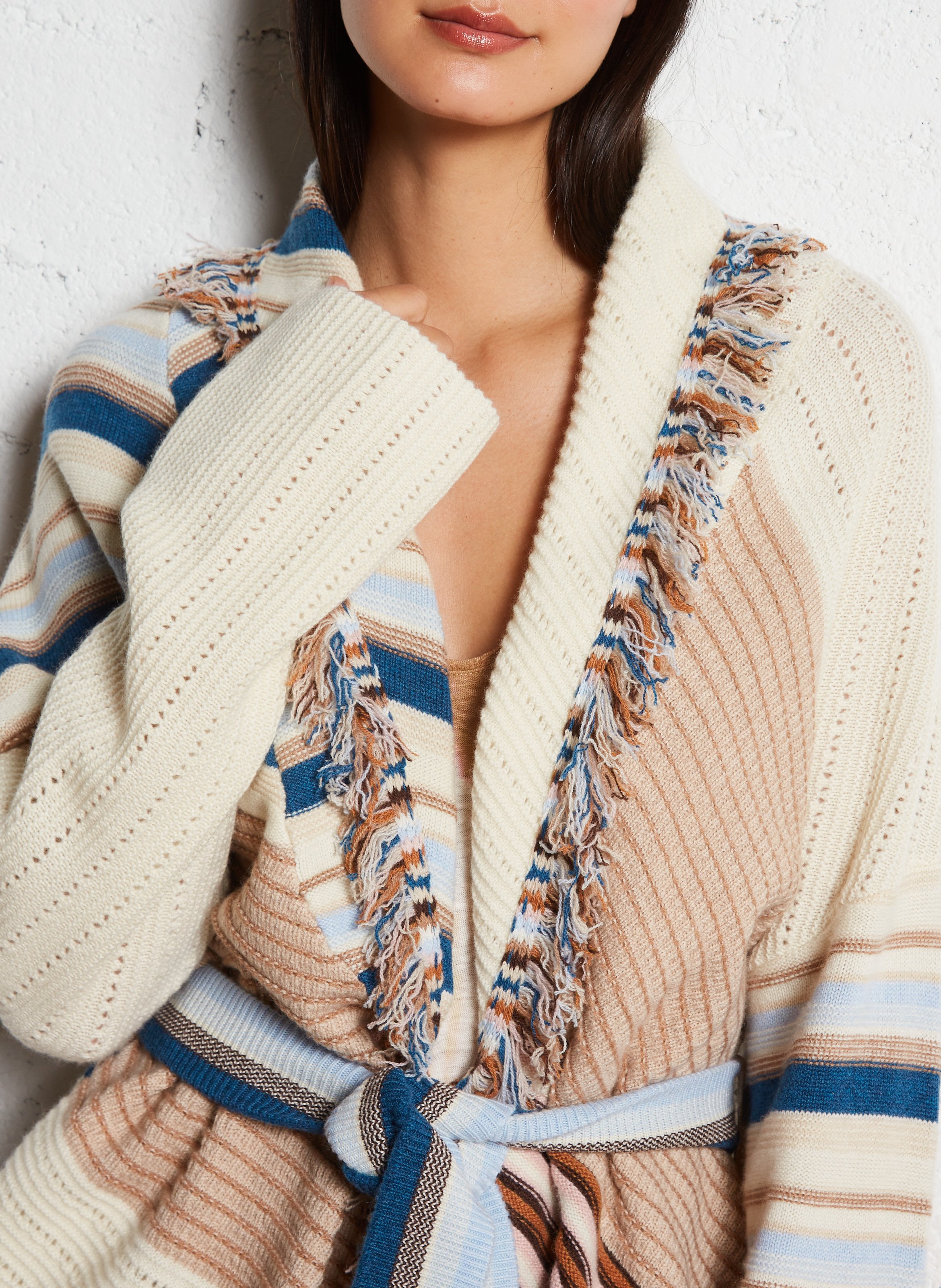 Veste ceinturée à rayures en cachemire Blanc