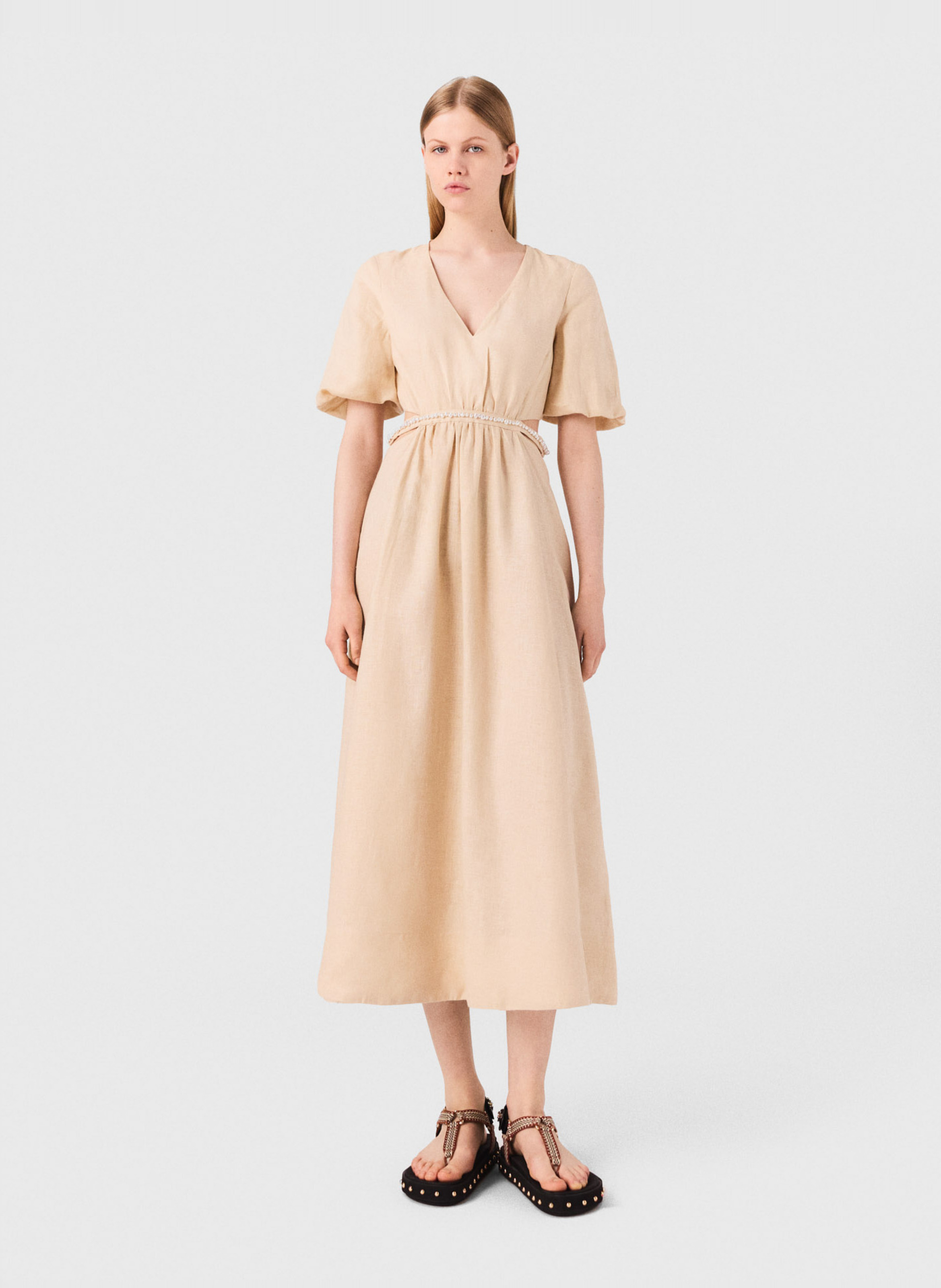 Robe longue col v en lin Beige Maje - Femme MFPRO04110 | Place des ...