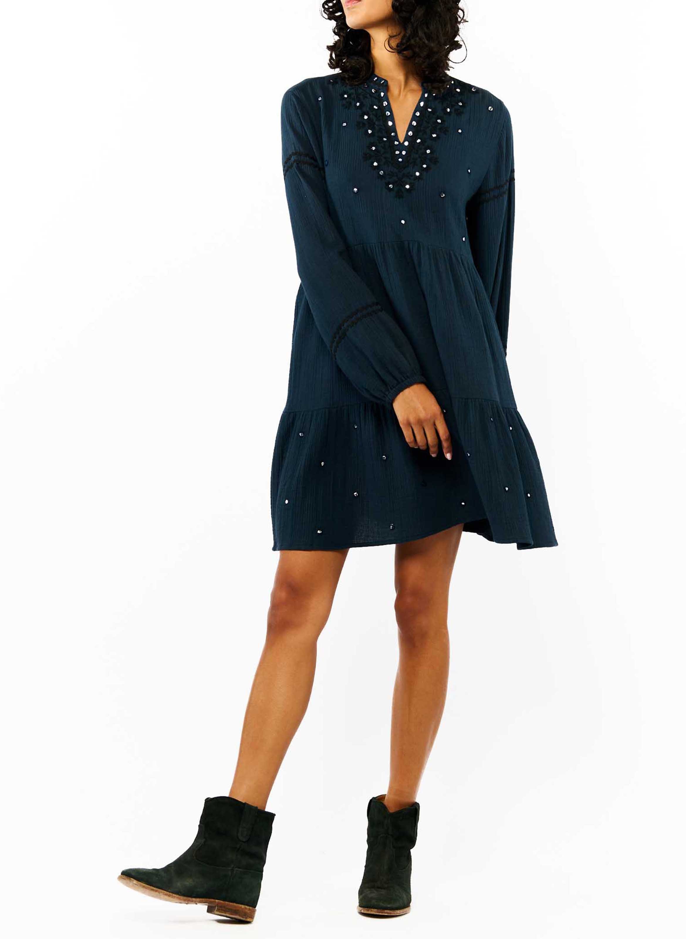 Short embroidered cotton henley dress WILD Blue