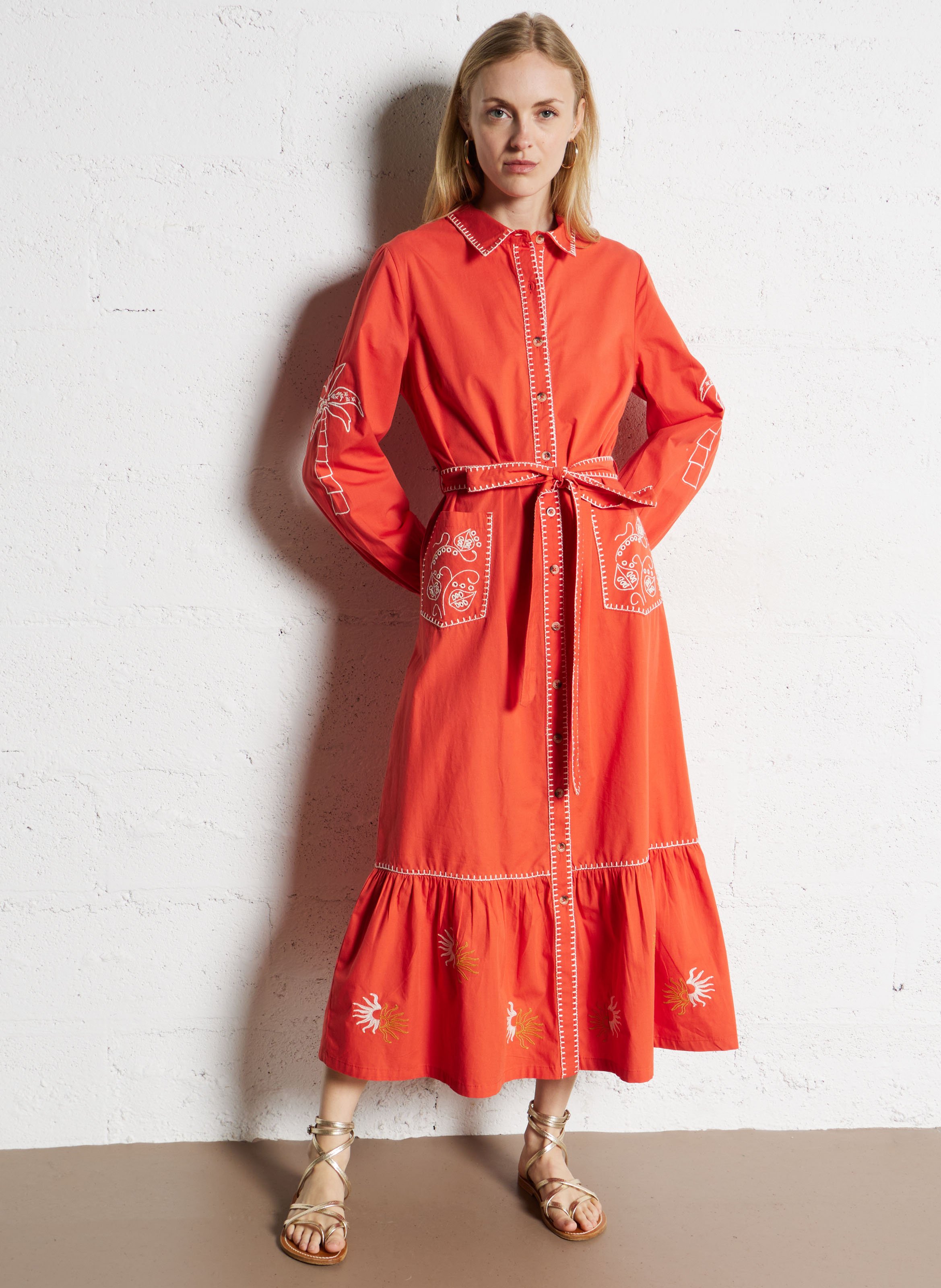 Embroidered straight belted shirt dress NEVER FULLY DRESSED Red