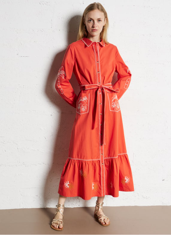 Embroidered straight belted shirt dress Red Never fully dressed - Women | Place des Tendances Embroidered straight belted shirt dress Red Never fully dressed - Women | Place des Tendances