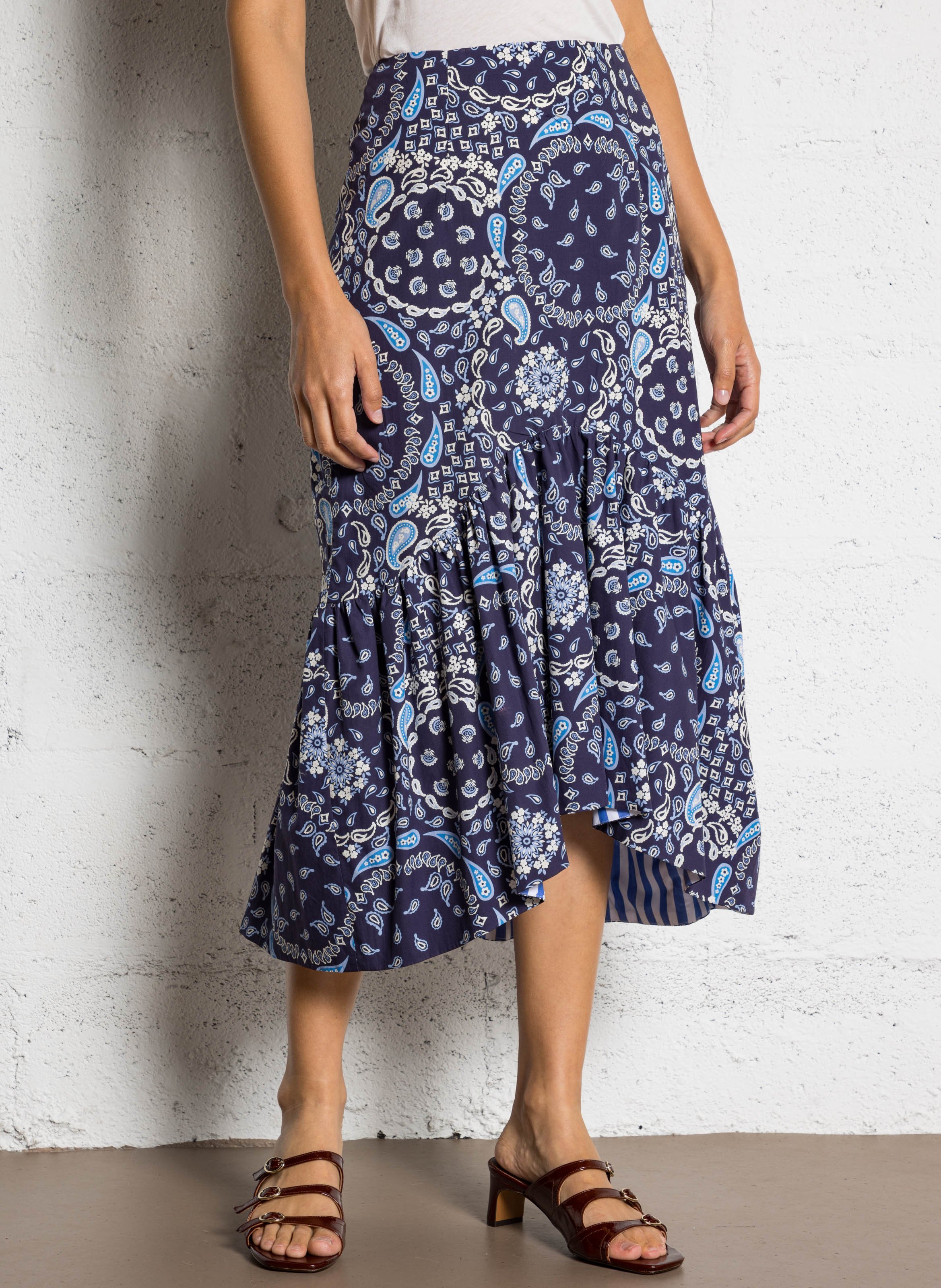 Ruched Midi Skirt in Bandana Print SOPHIE+LUCIE Blue