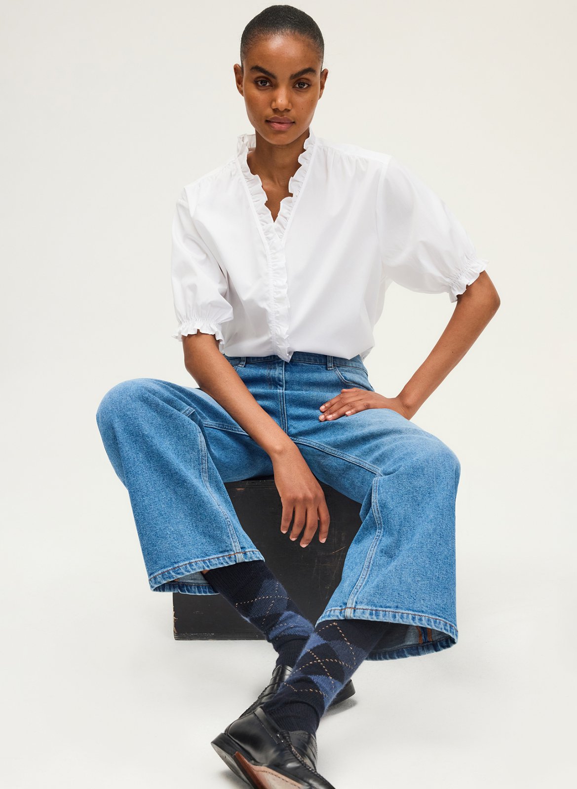 Blouse col V à volants unie en coton PABLO Blanc