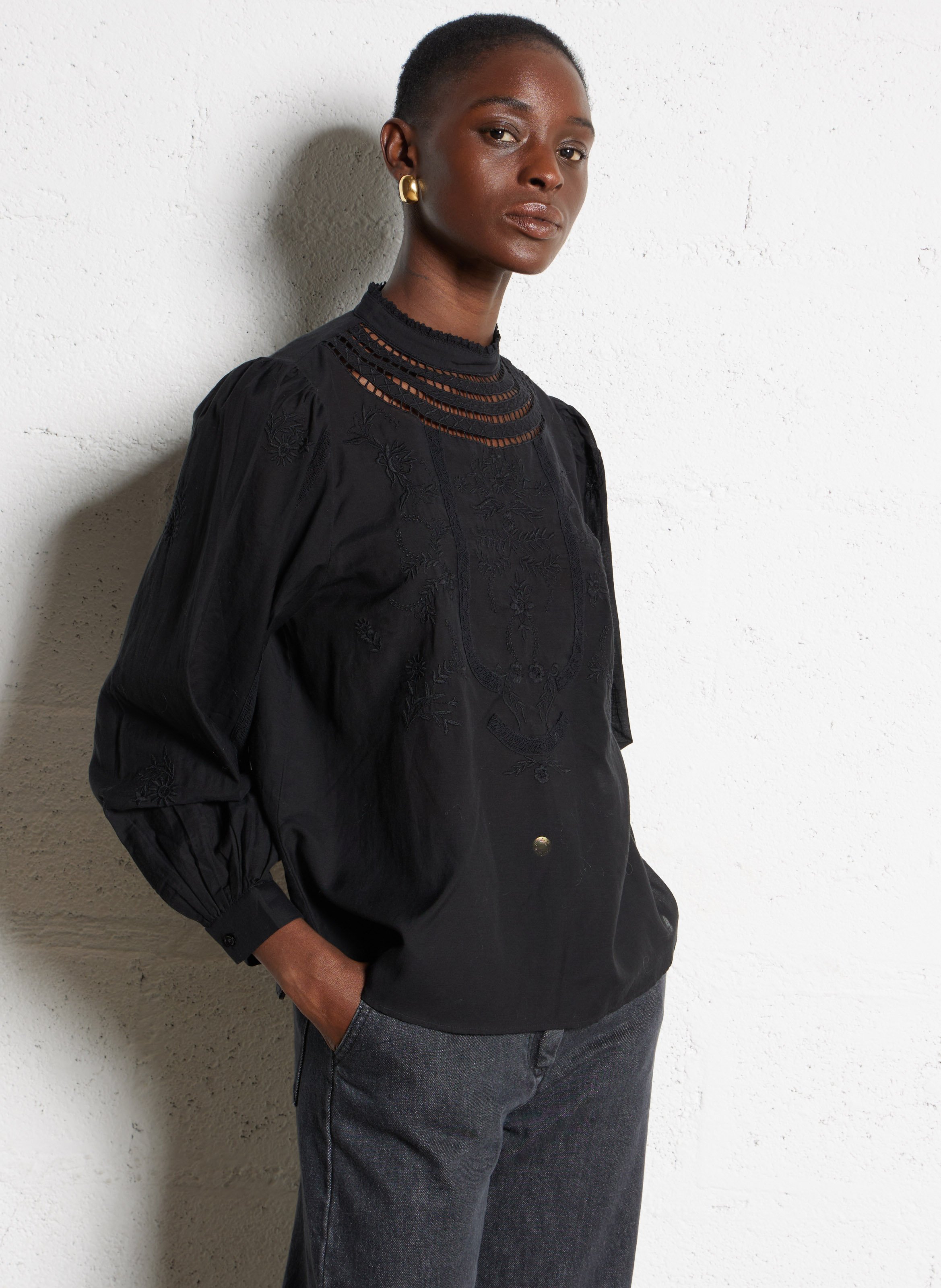 Straight blouse in embroidered mixed cotton DES PETITS HAUTS Black