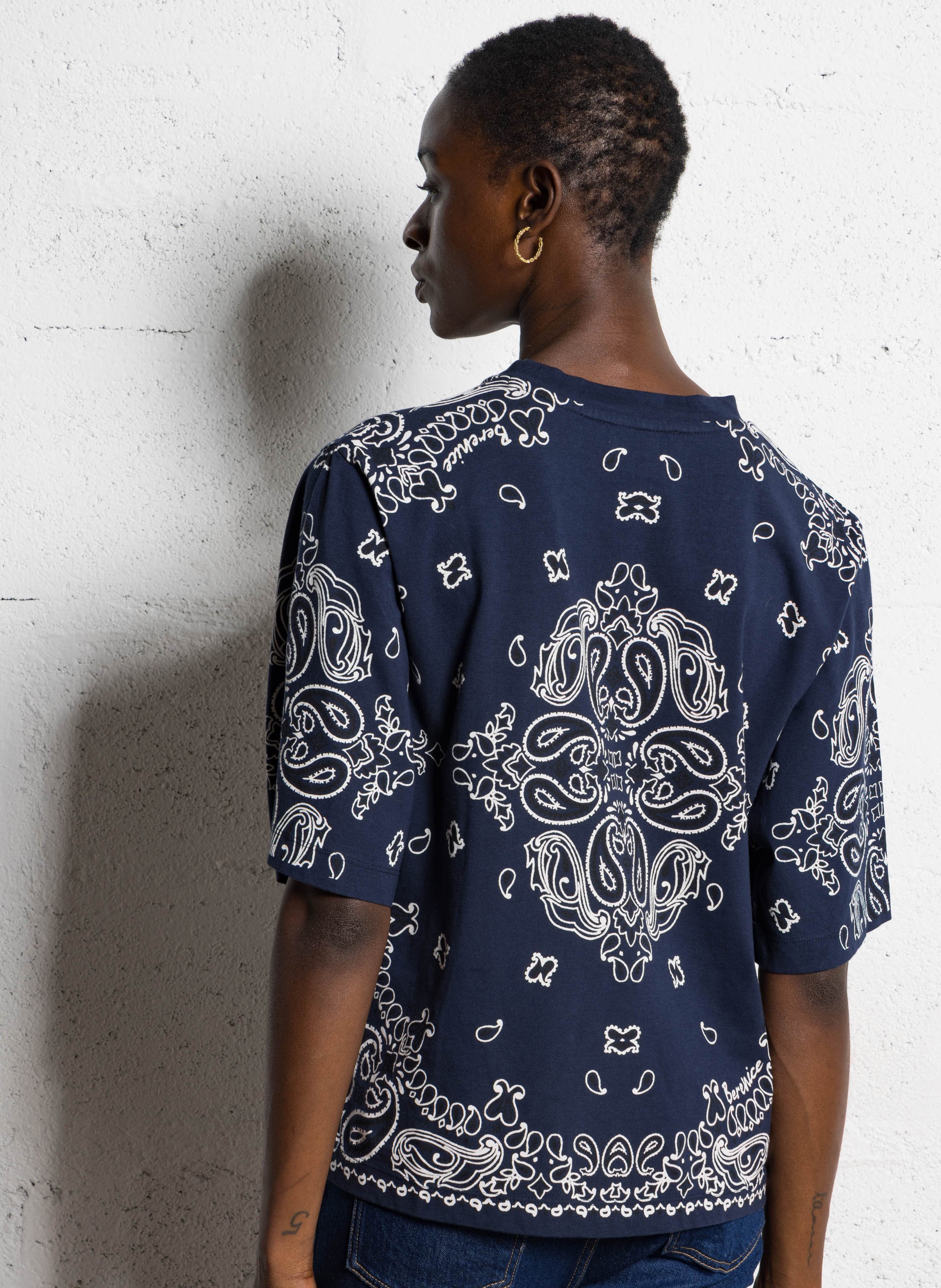 Top oversize col rond en coton imprimé BERENICE Bleu