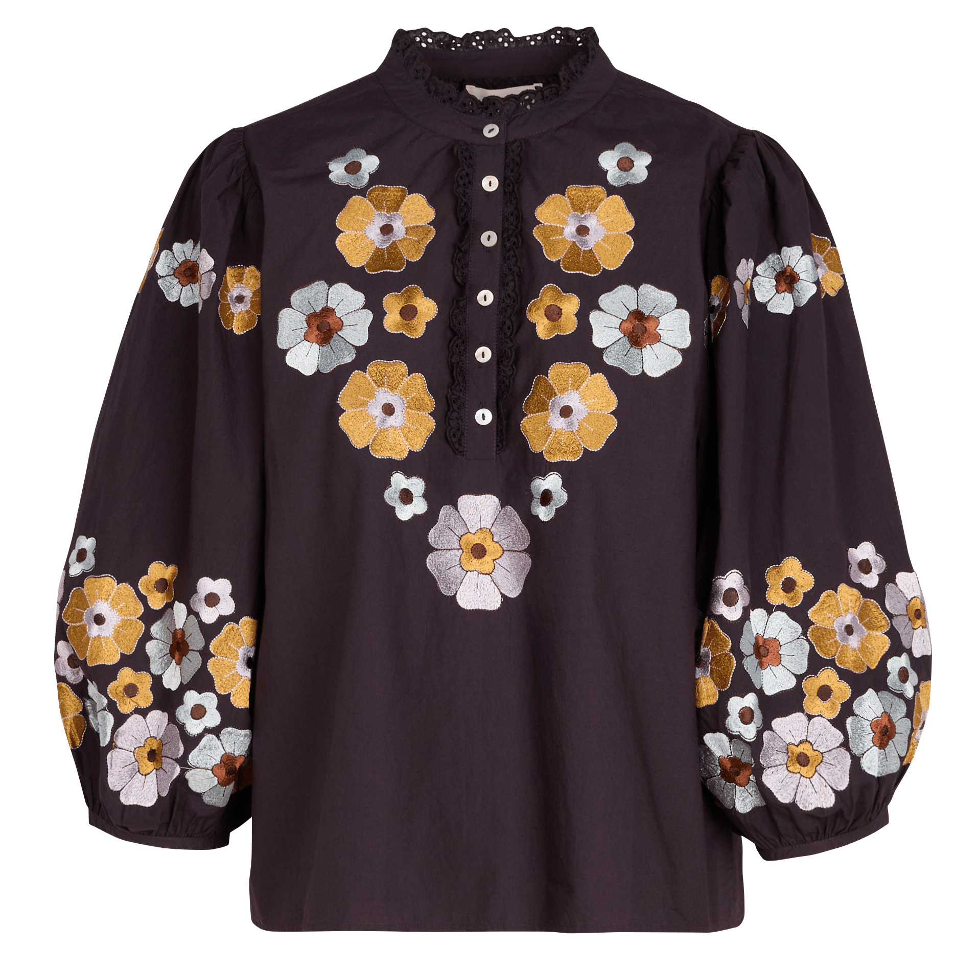 Weit geschnittene Bluse mit Blumenstickerei ANTIK BATIK Blau