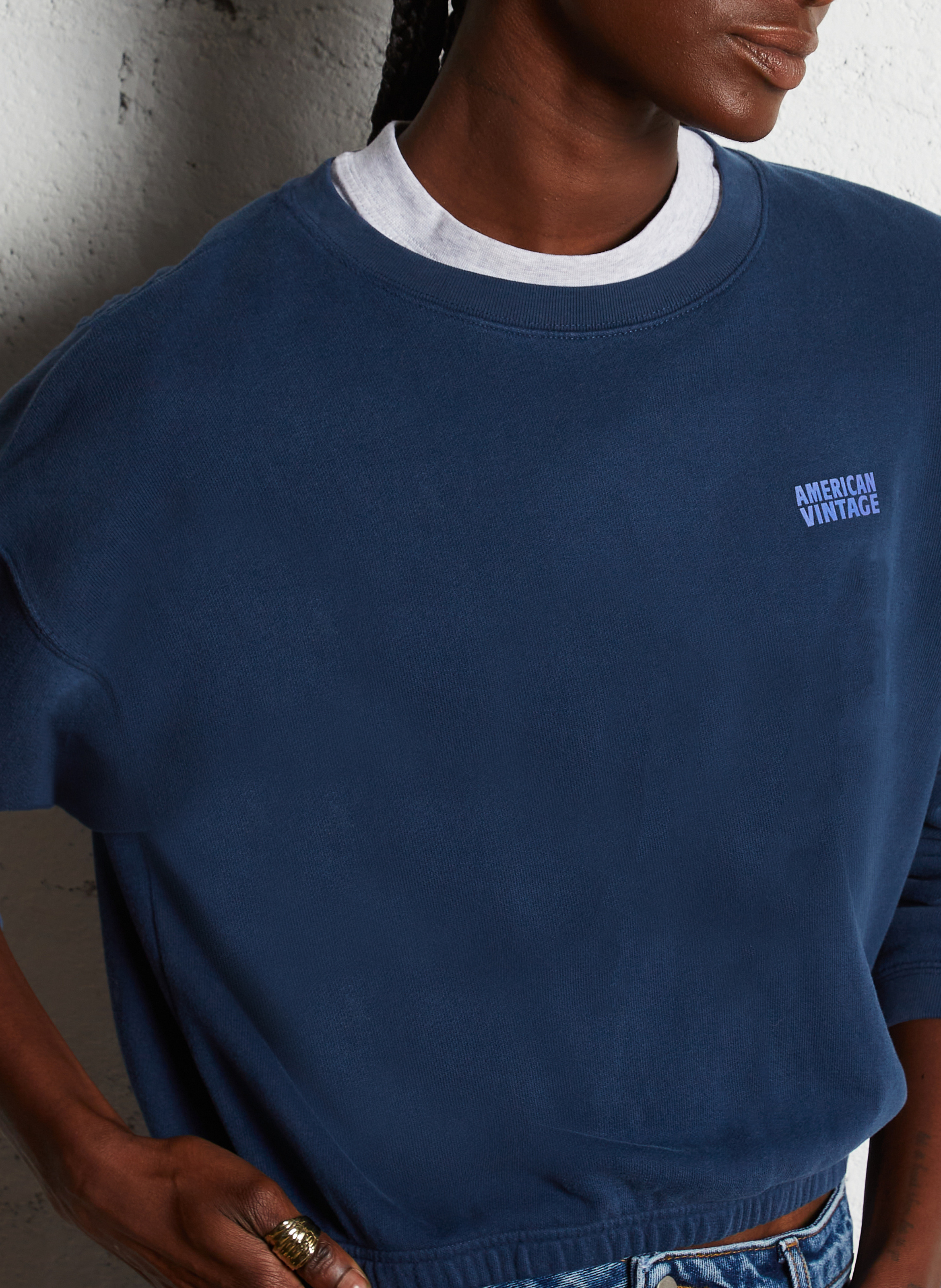 Short round-neck cotton-blend sweatshirt AMERICAN VINTAGE Blue