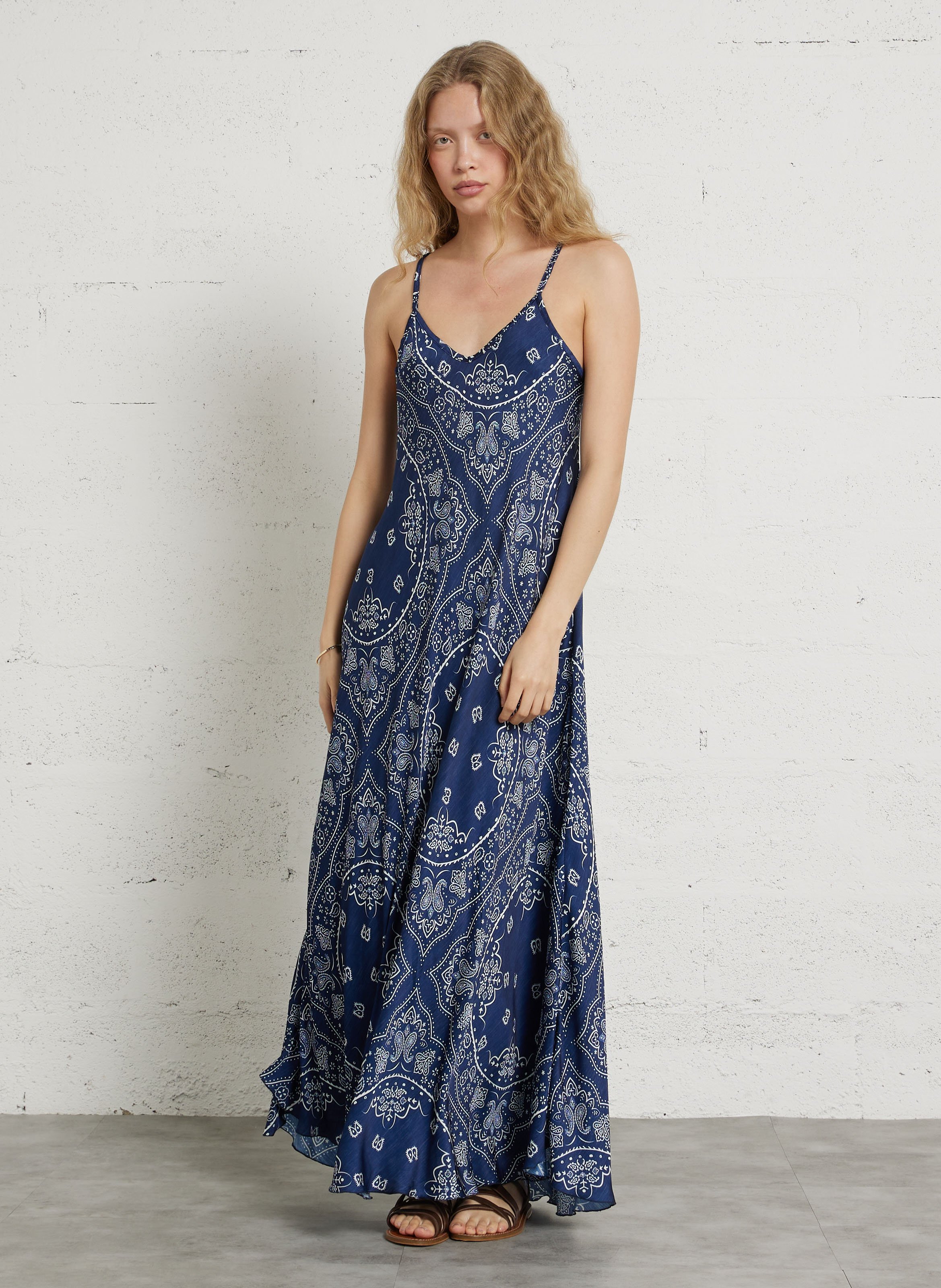 Long V-neck satin printed cashmere long dress AOKYANOS Blue