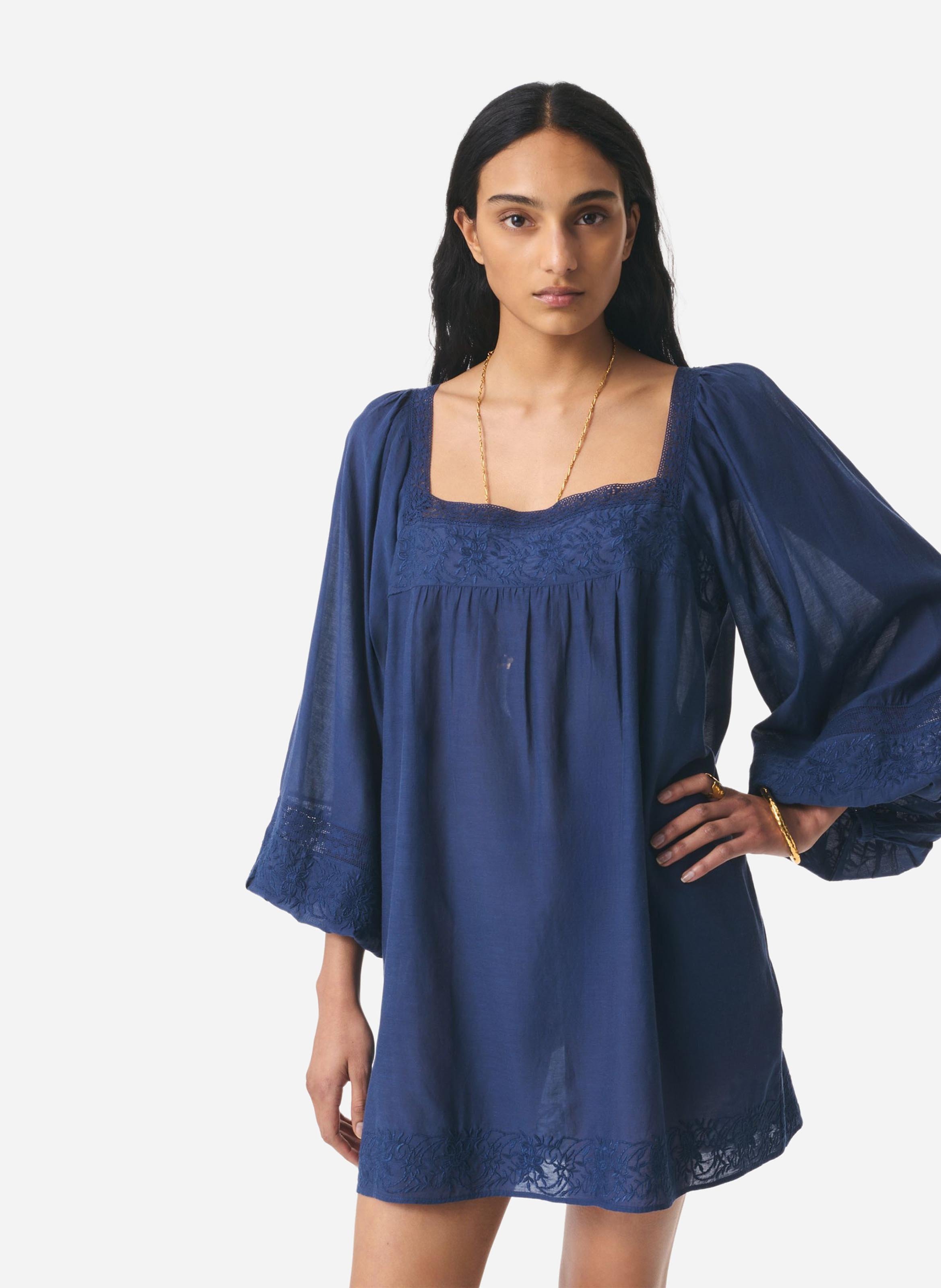 Square-neck cotton-blend short dress VANESSA BRUNO Blue