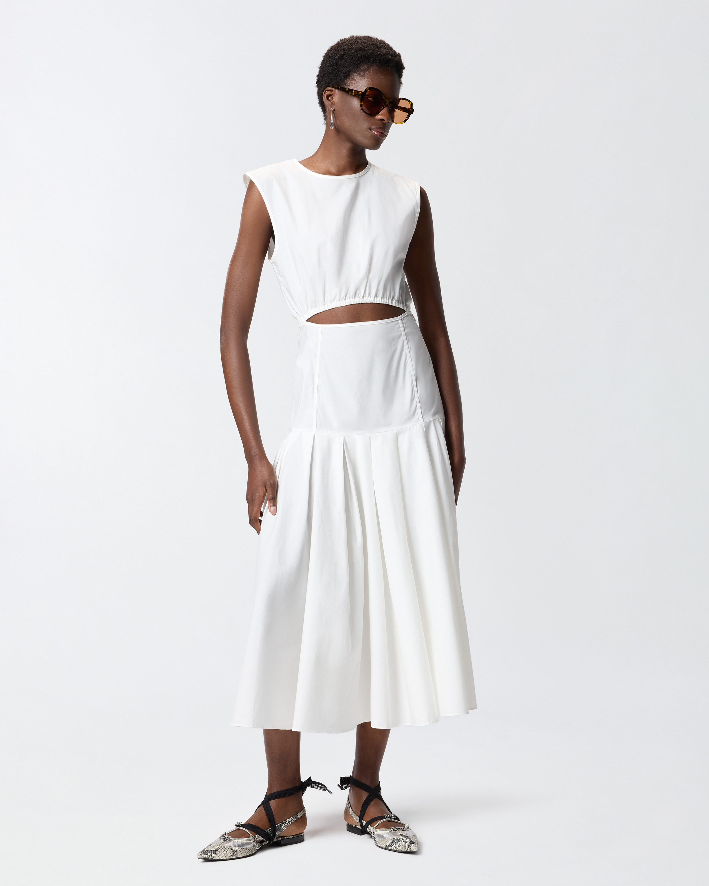 Robe midi plissée sans manches à découpe PINKO Blanc