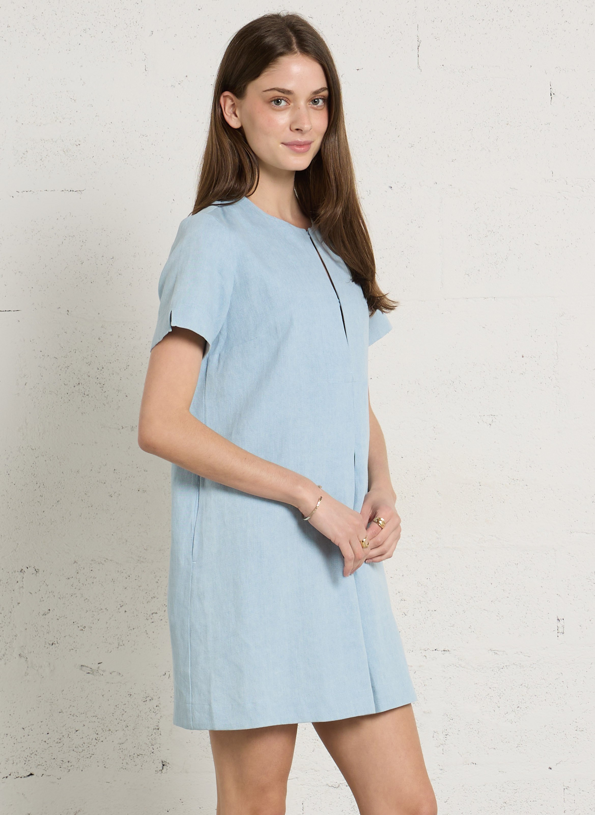 Robe courte col rond en denim de coton mélangé SUZIE WINKLE Bleu