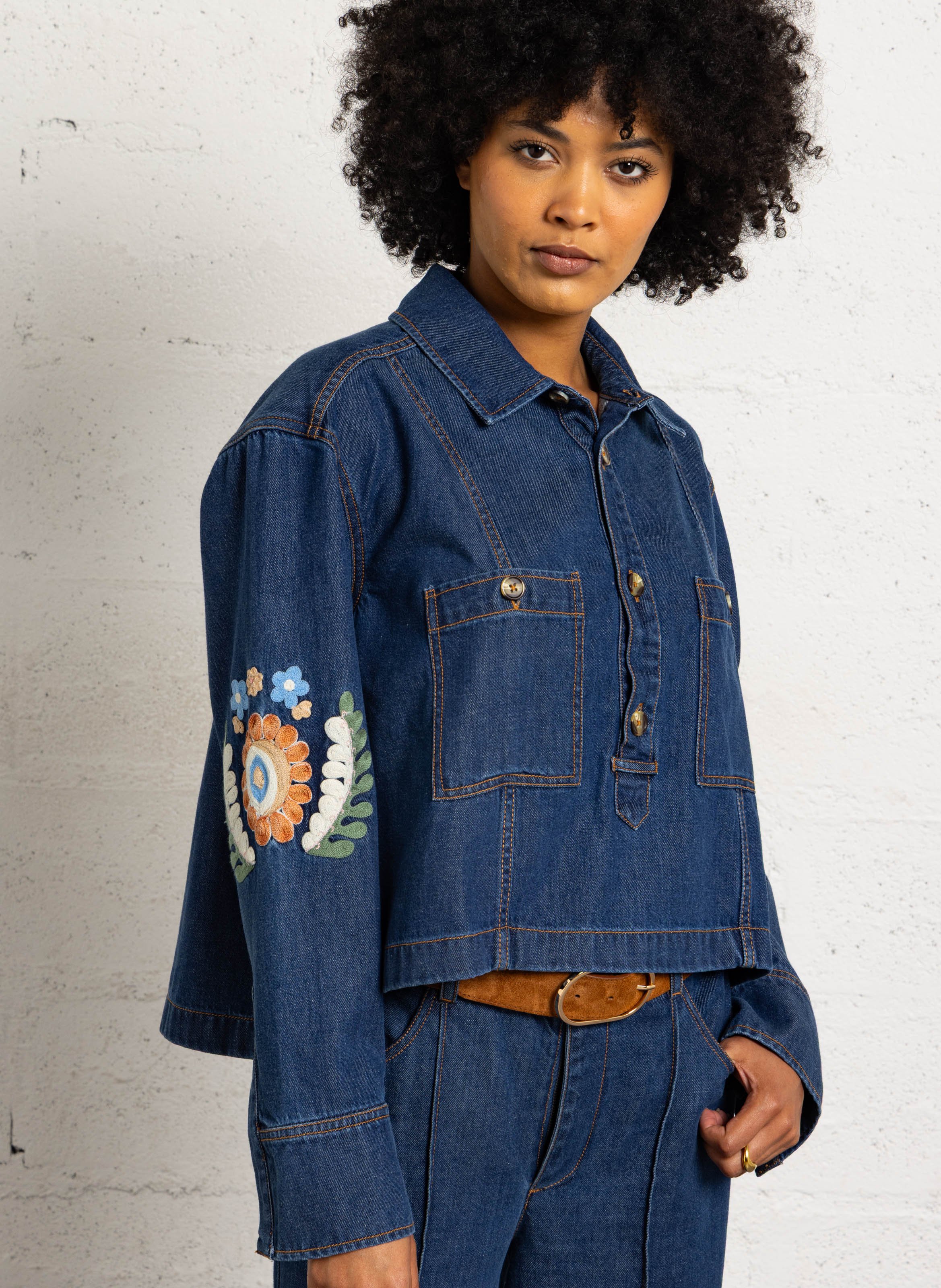 High-waisted cotton-blend canvas jeans LOUISE MISHA Blue