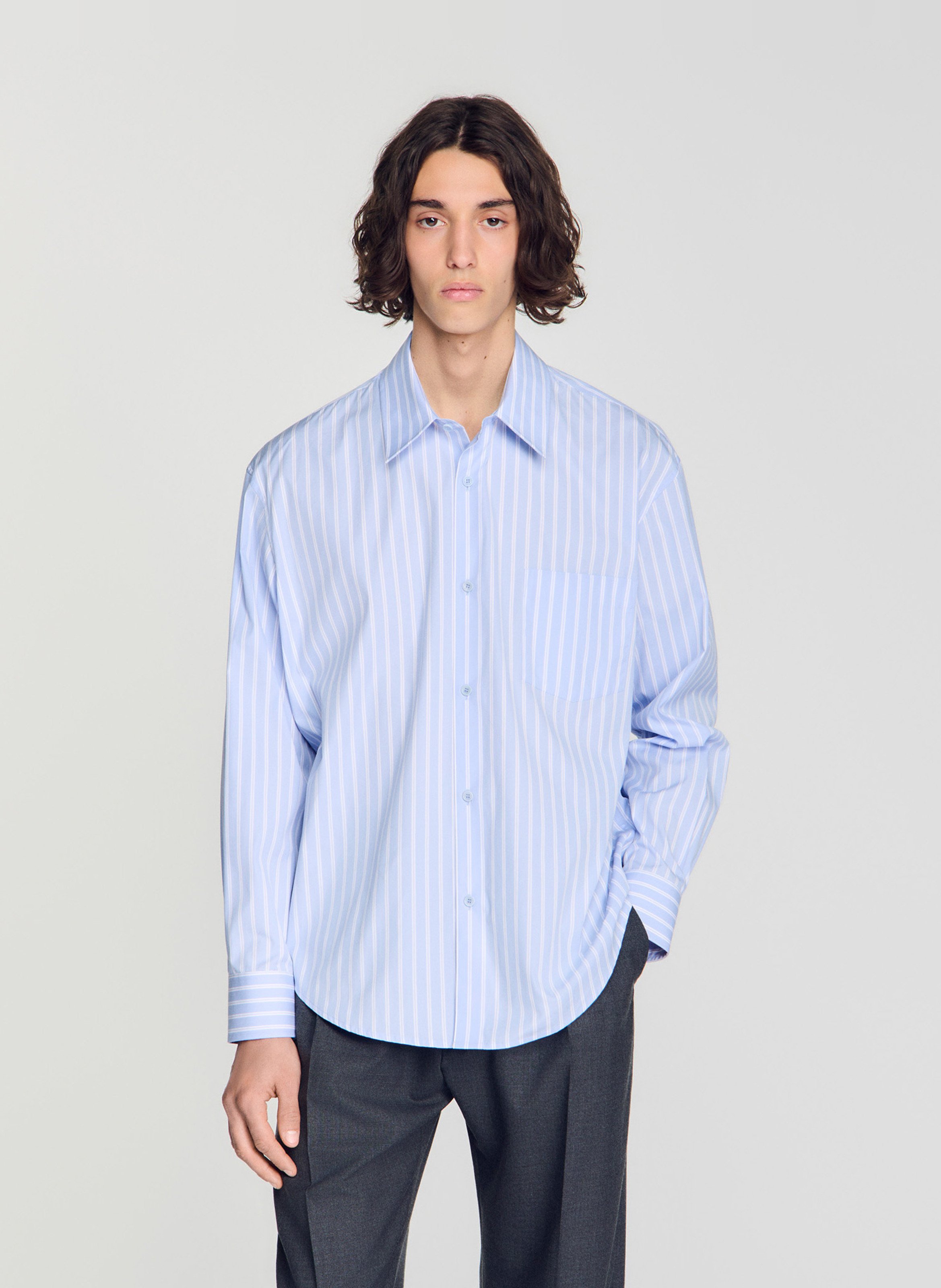 Chemise droite à rayures en coton SANDRO Bleu