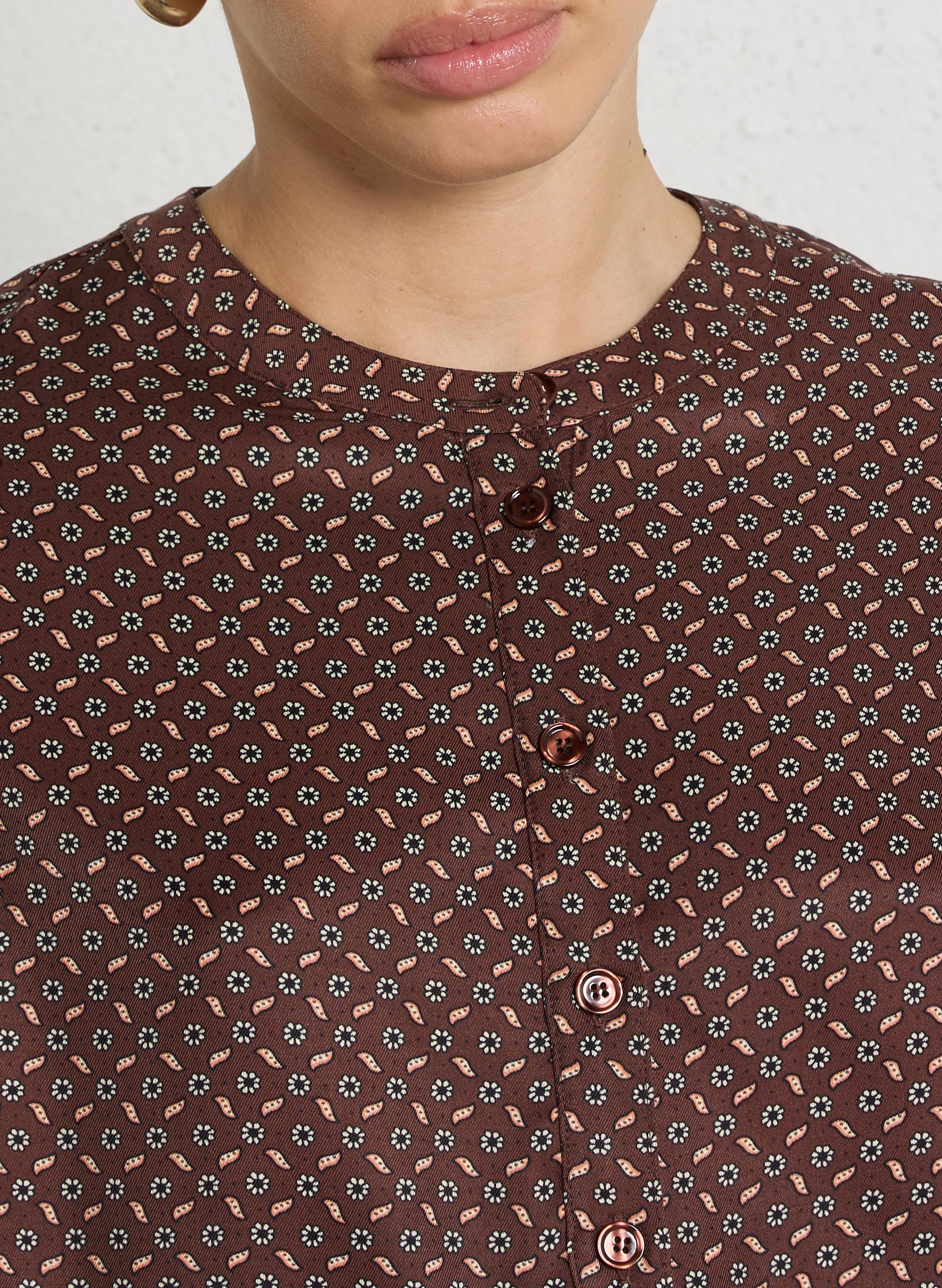 Loose blouse with Tunisian collar and print DES PETITS HAUTS Brown