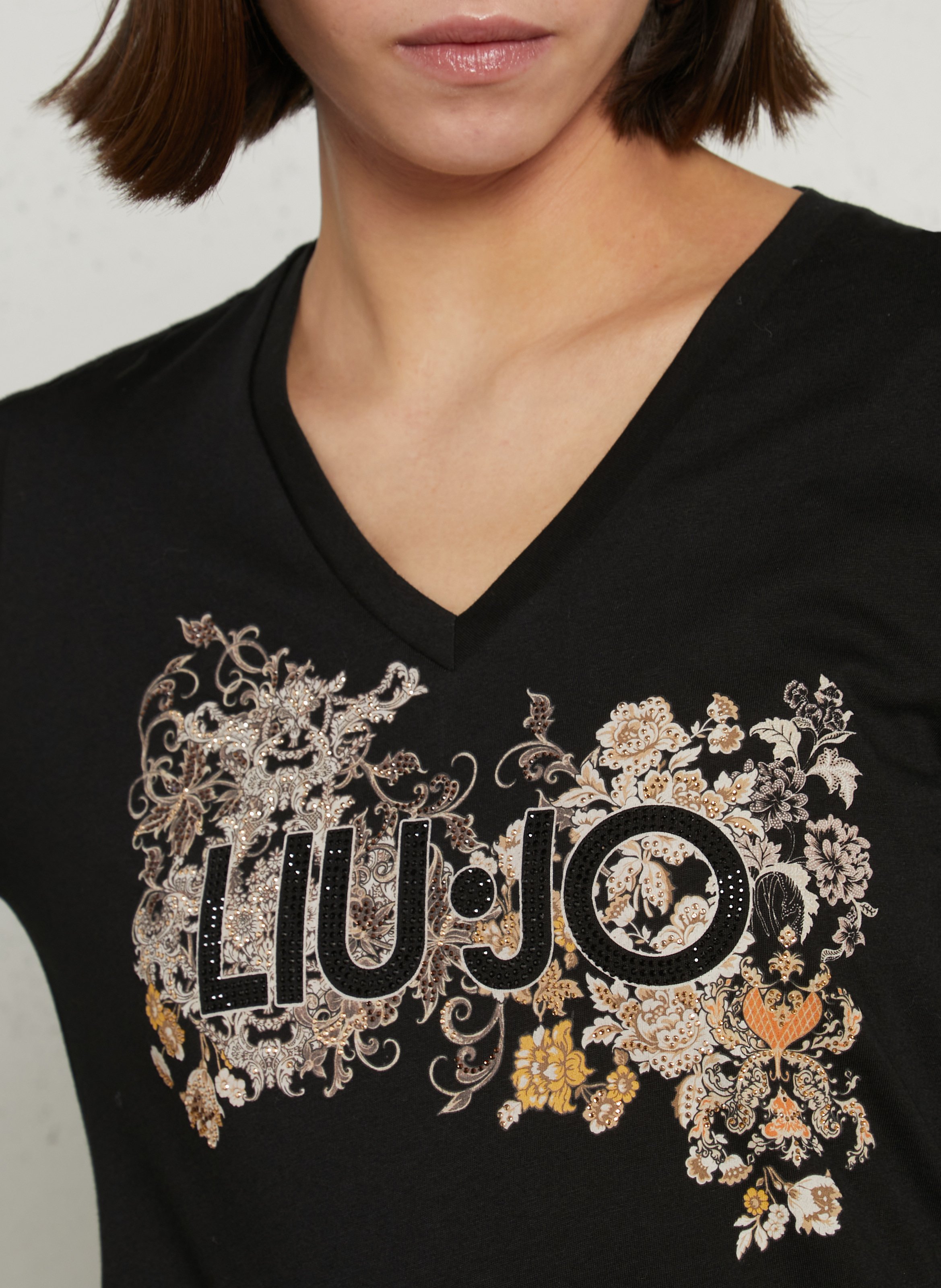 Gerader T-Shirt mit V-Ausschnitt, bedruckt mit Strass, aus Baumwolle. LIU JO Schwarz
