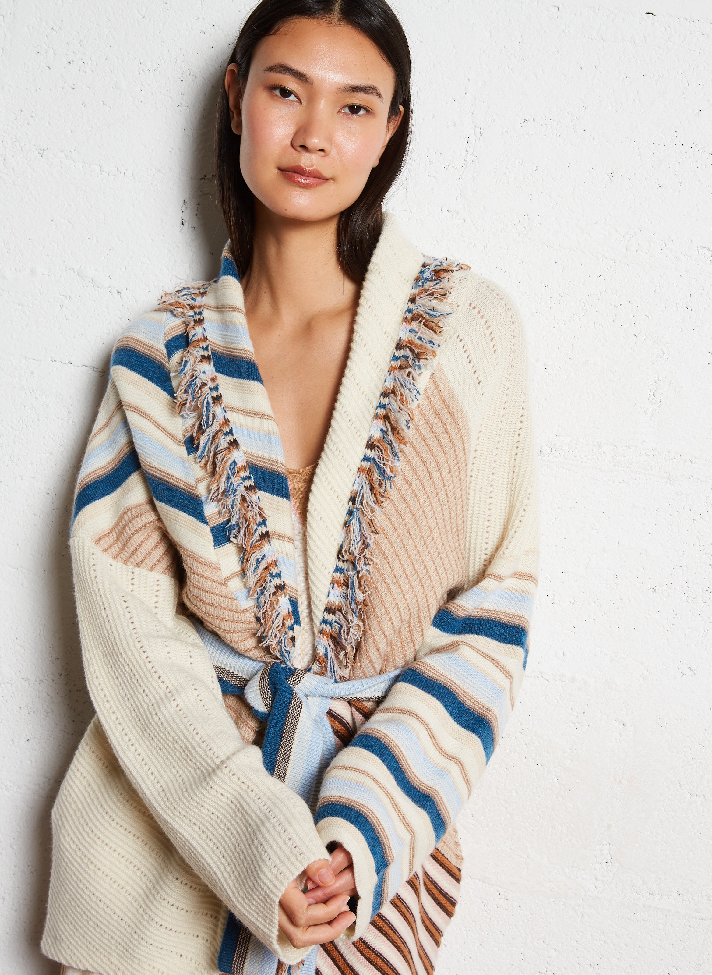 Veste ceinturée à rayures en cachemire Blanc