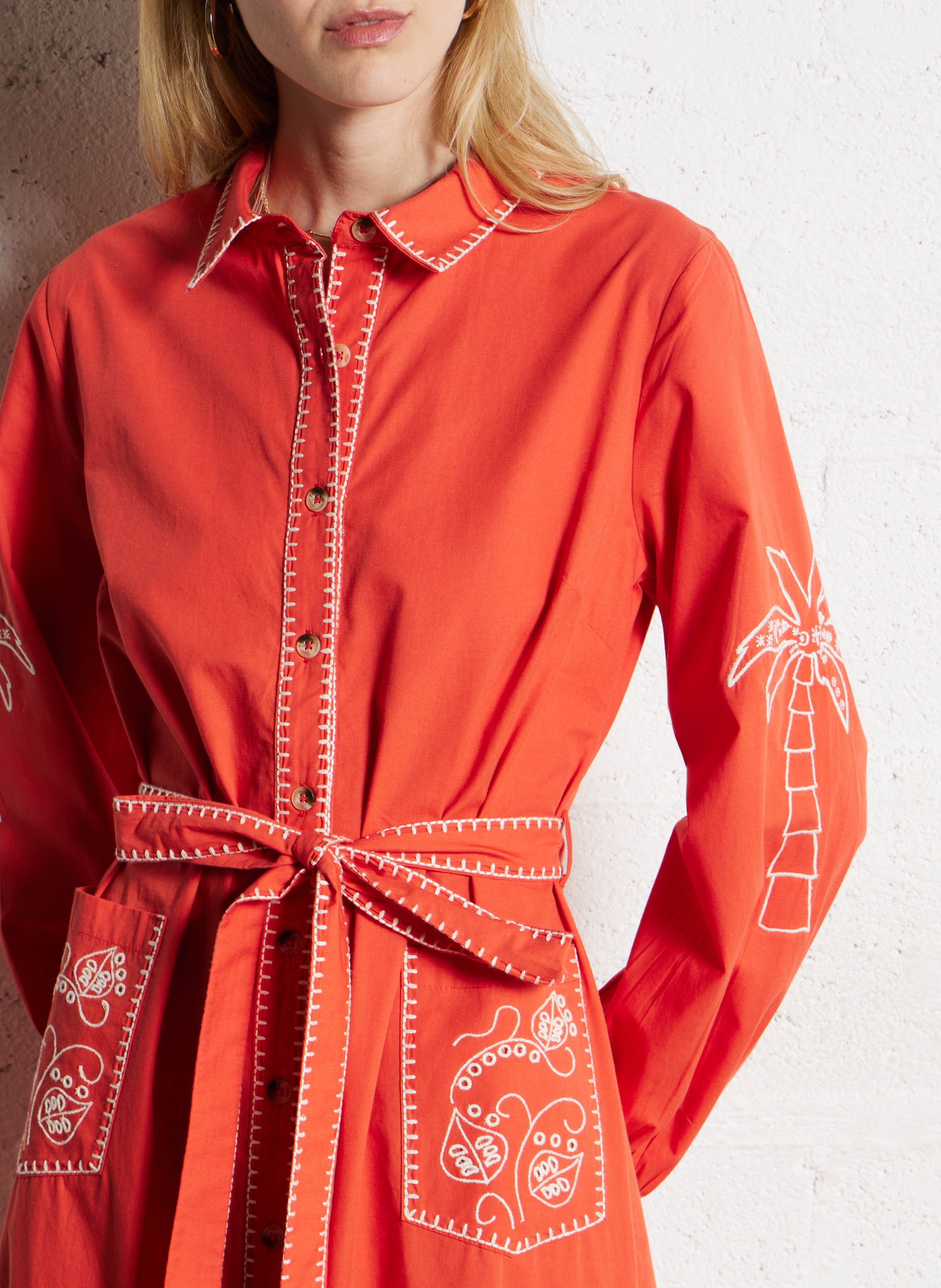 Embroidered straight belted shirt dress NEVER FULLY DRESSED Red