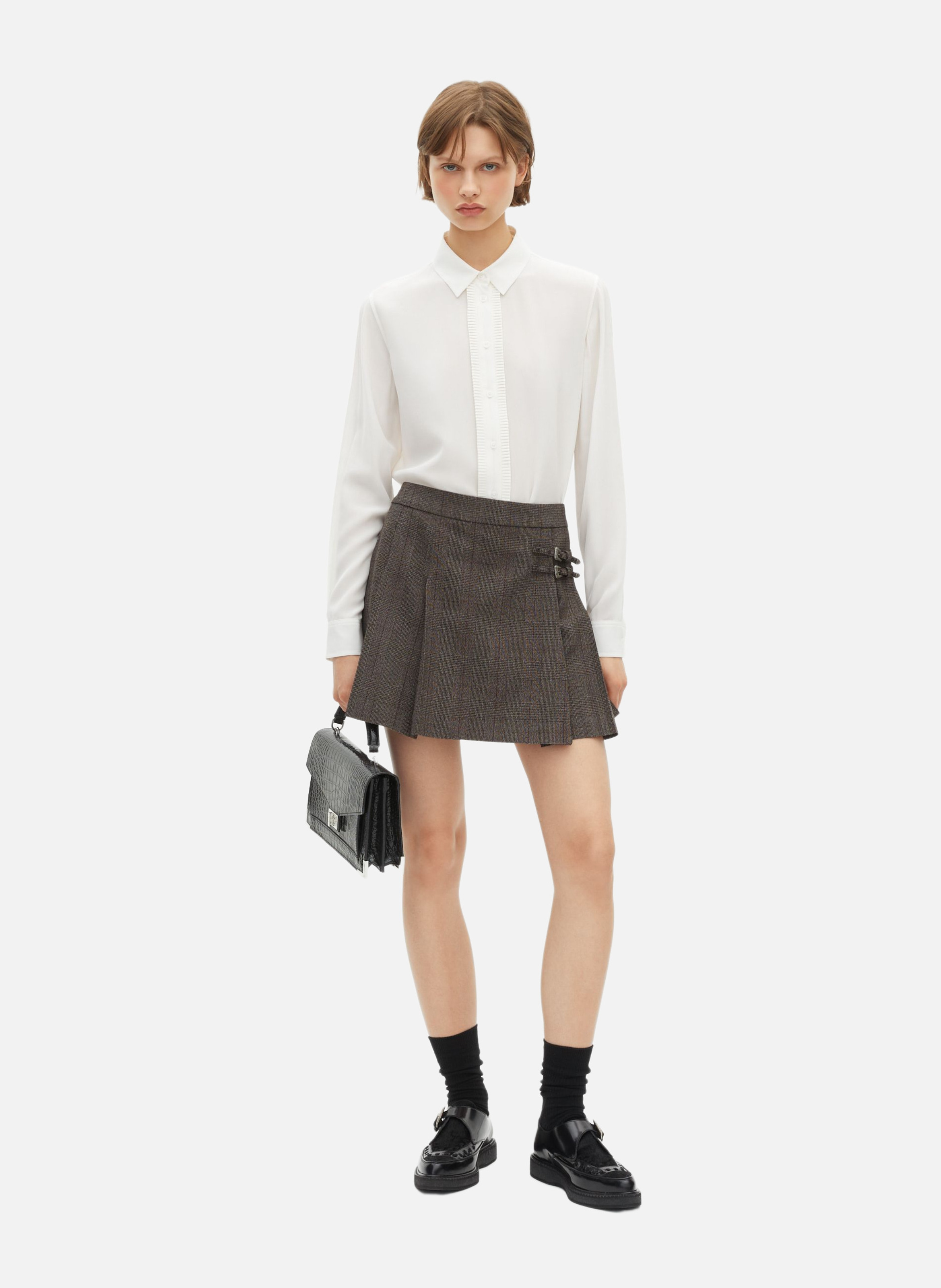 Short pleated Prince of Wales check wool wrap skirt THE KOOPLES Brown
