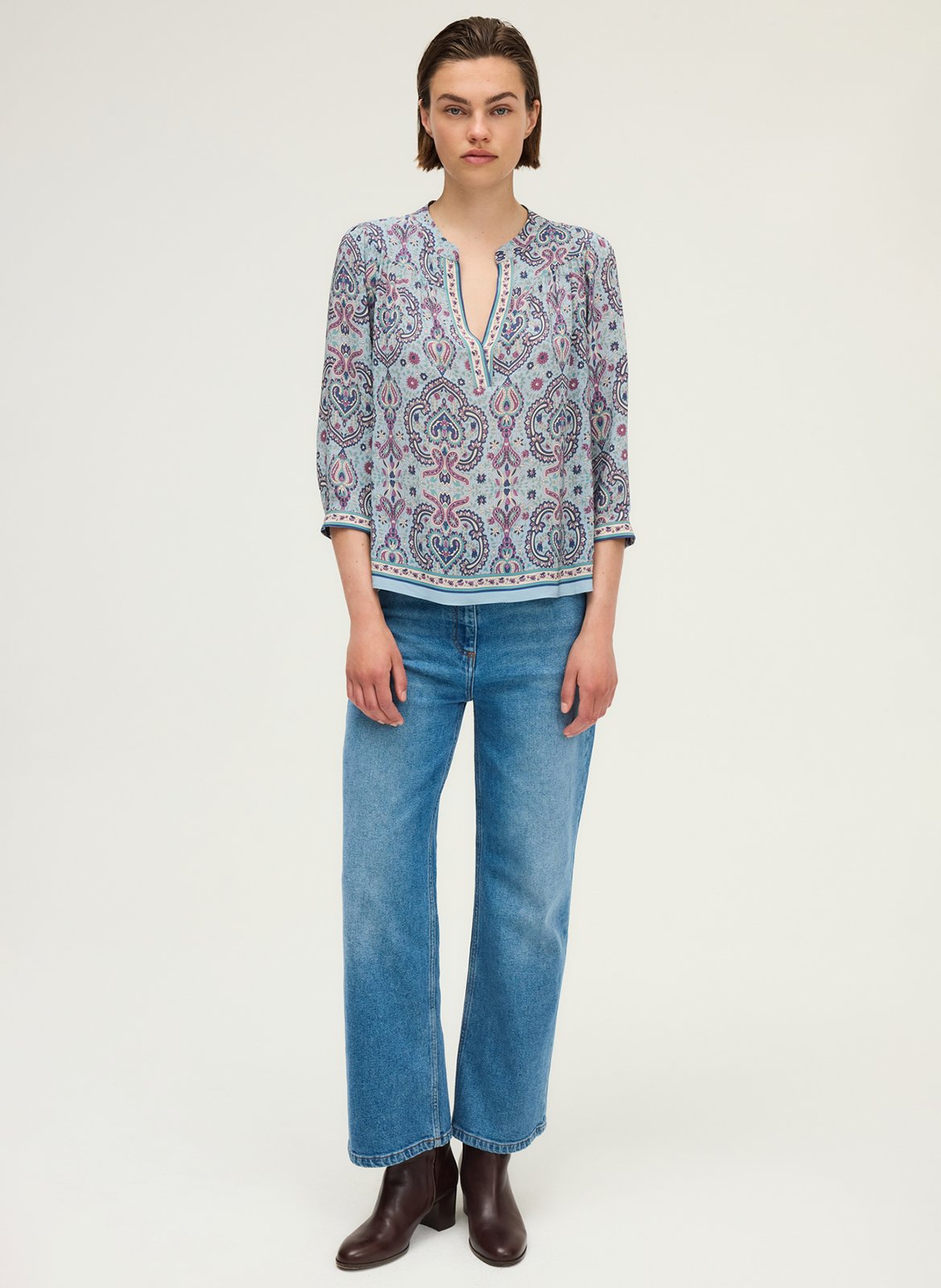 Blouse col tunisien imprimée PABLO Bleu