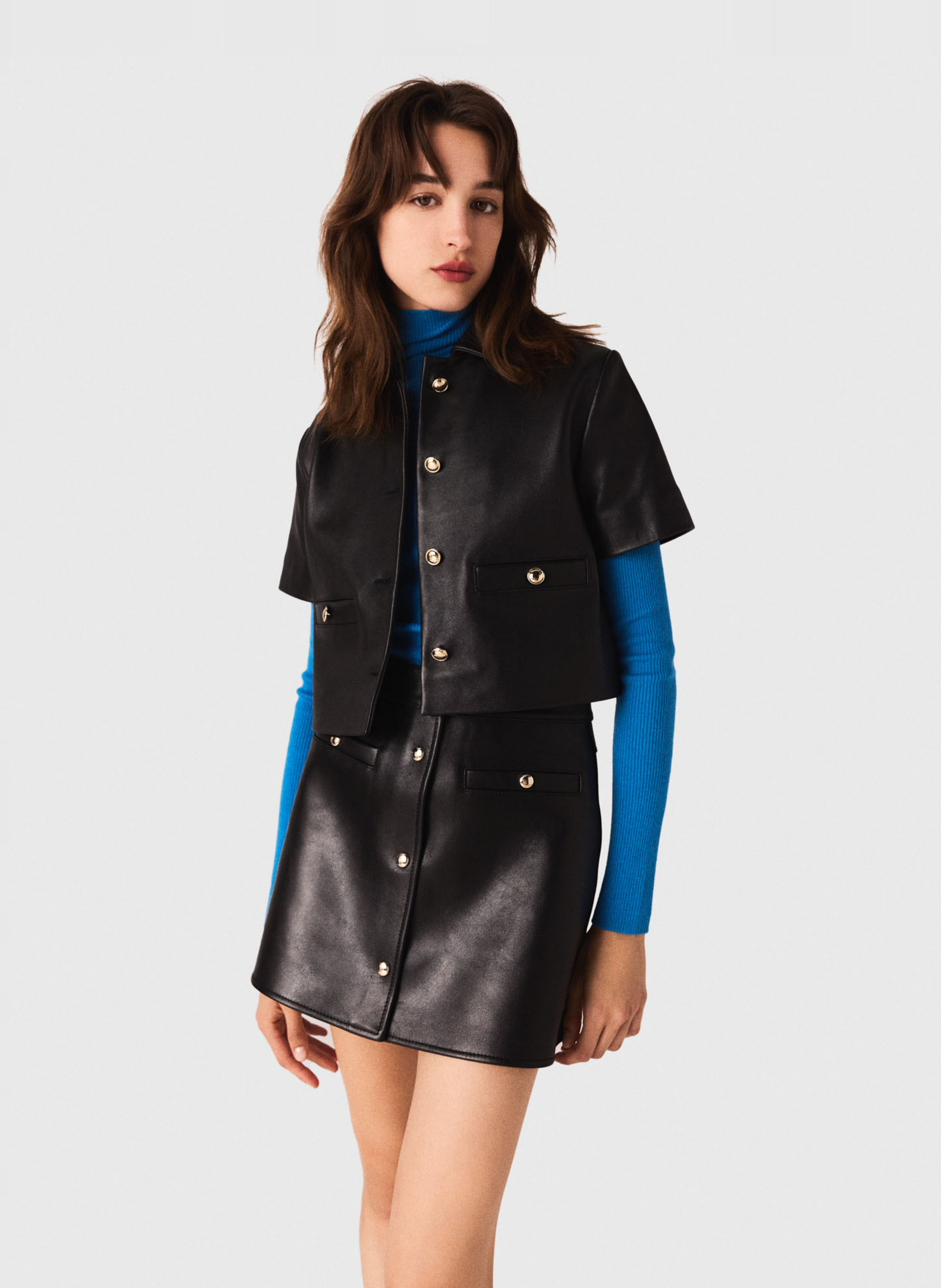 Veste droite en cuir MAJE Noir