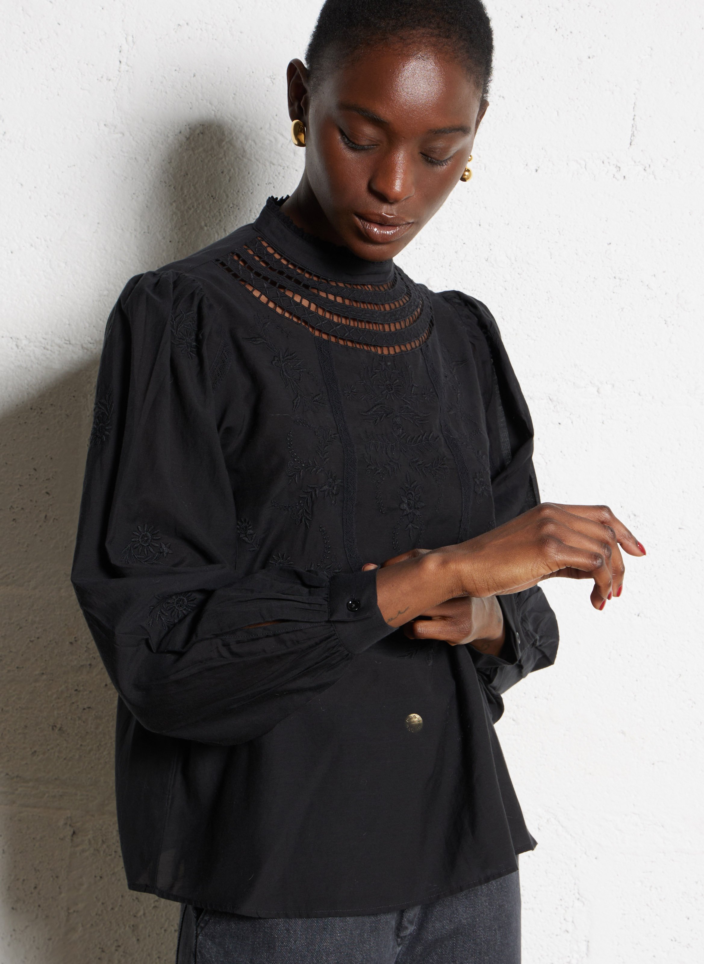 Straight blouse in embroidered mixed cotton DES PETITS HAUTS Black