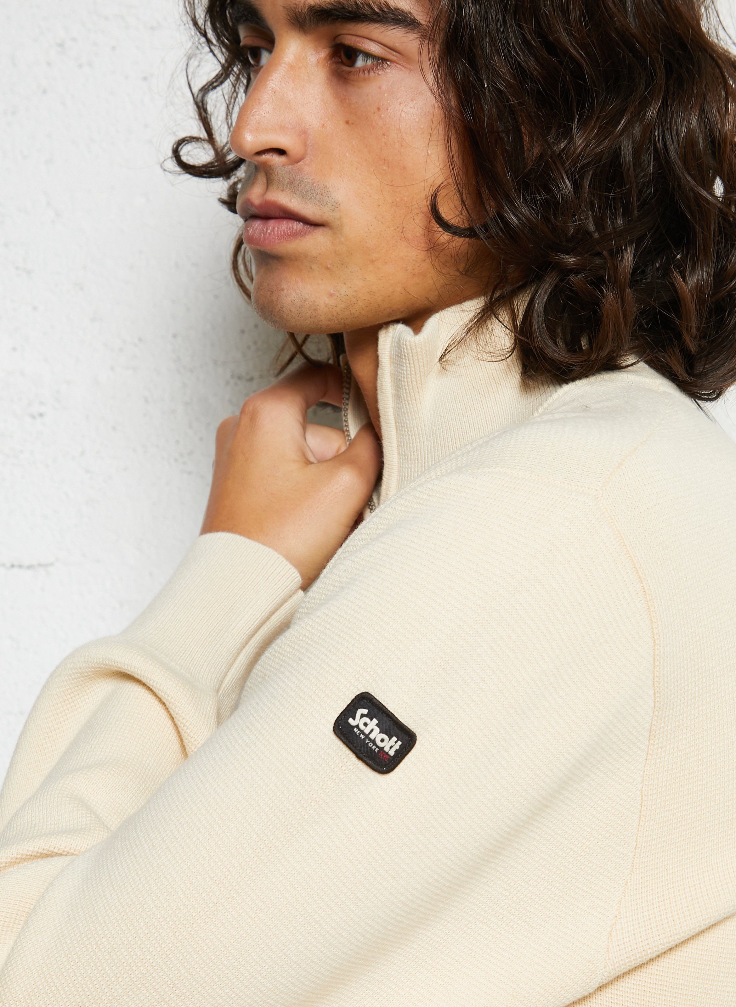 Straight cotton sweater with zip-up high neck SCHOTT White