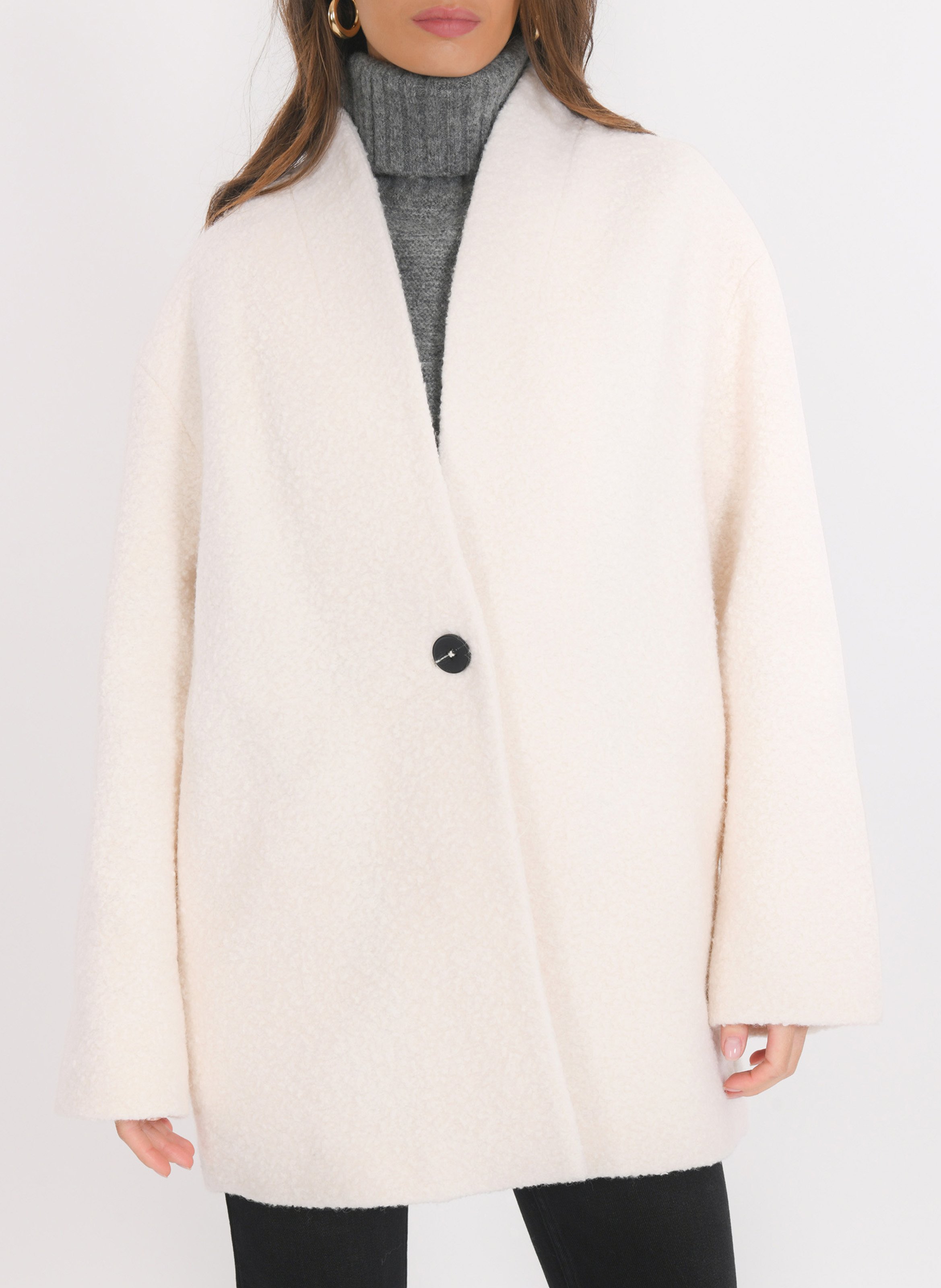 Manteau col v en laine mélangée KOOKAI Beige