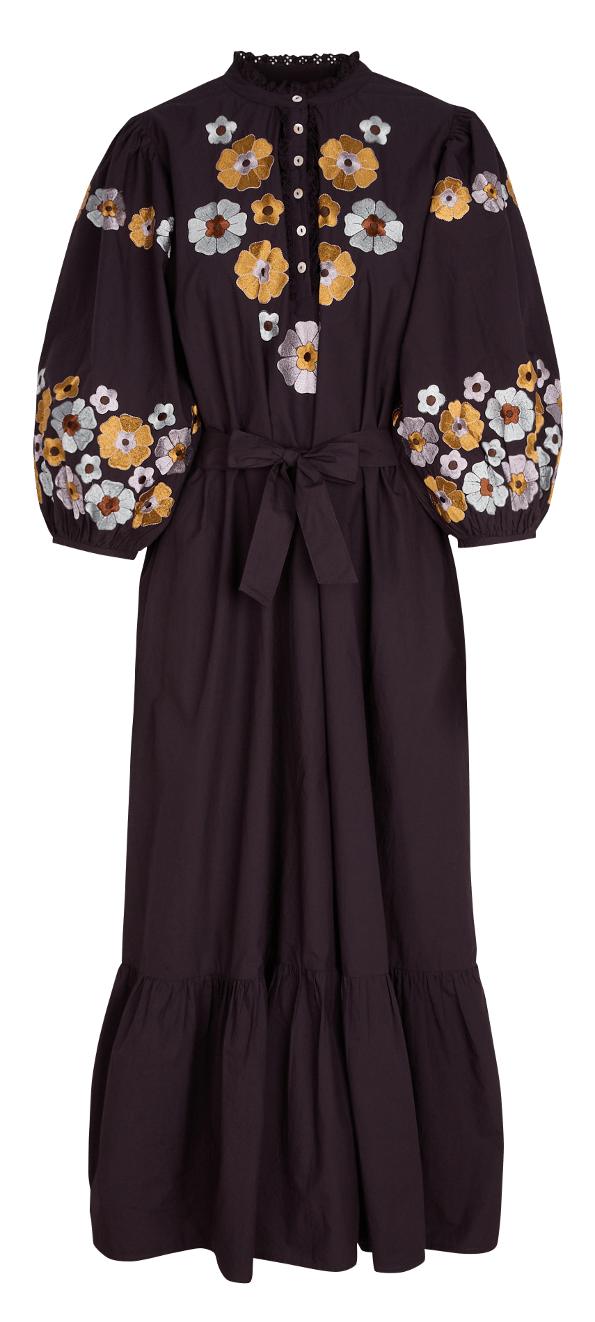 Robe longue col rond brodée en coton ANTIK BATIK Bleu