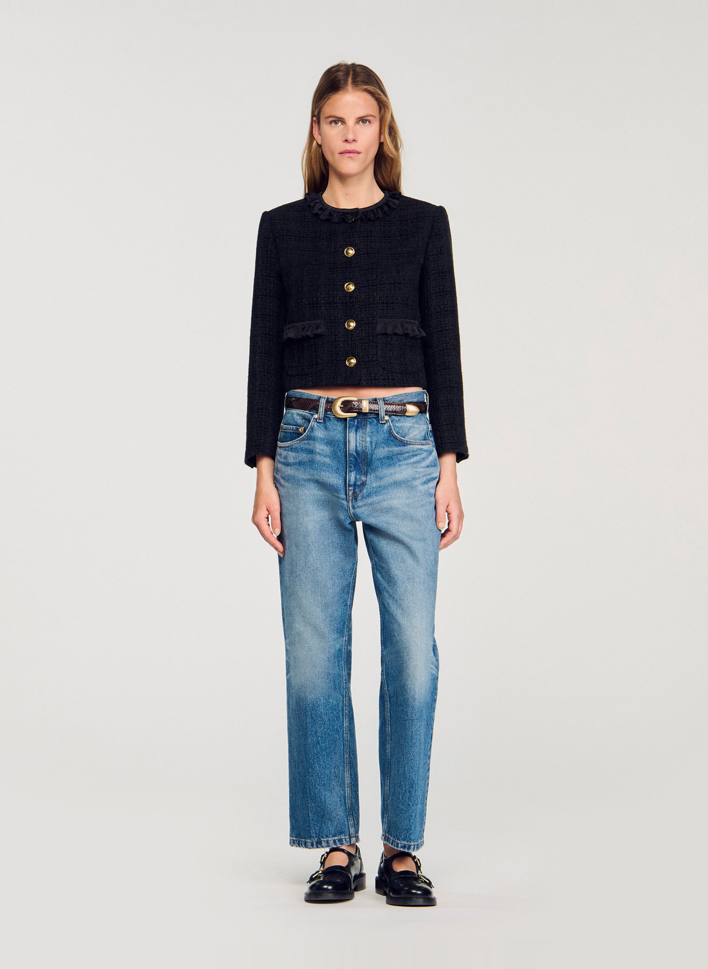 Chaqueta de tweed cuello redondo SANDRO Negro