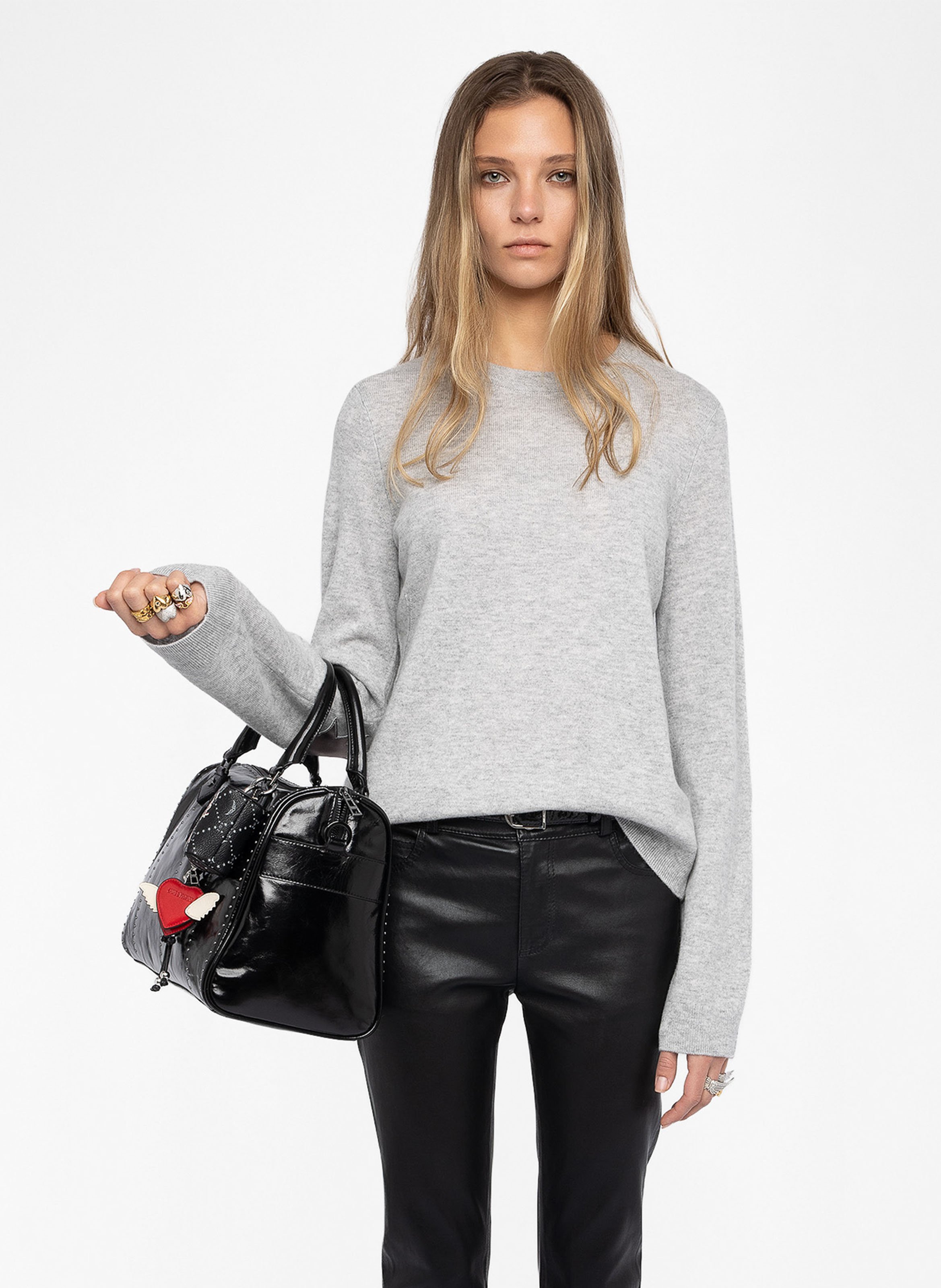 Pull col rond avec patchs en cuir ZADIG&VOLTAIRE Gris