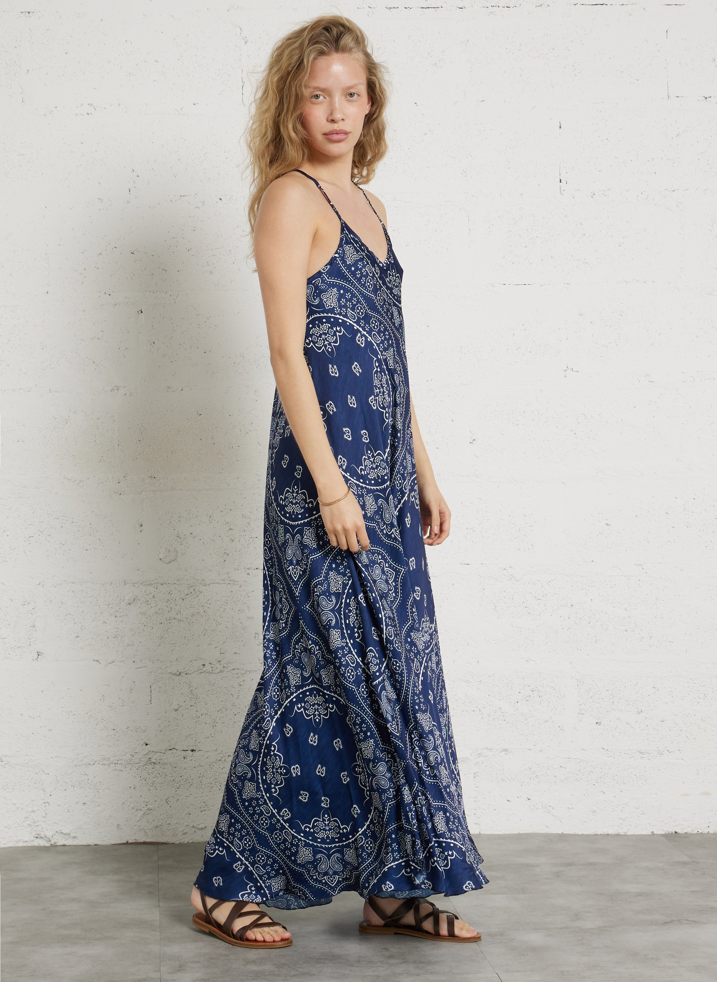 Long V-neck satin printed cashmere long dress AOKYANOS