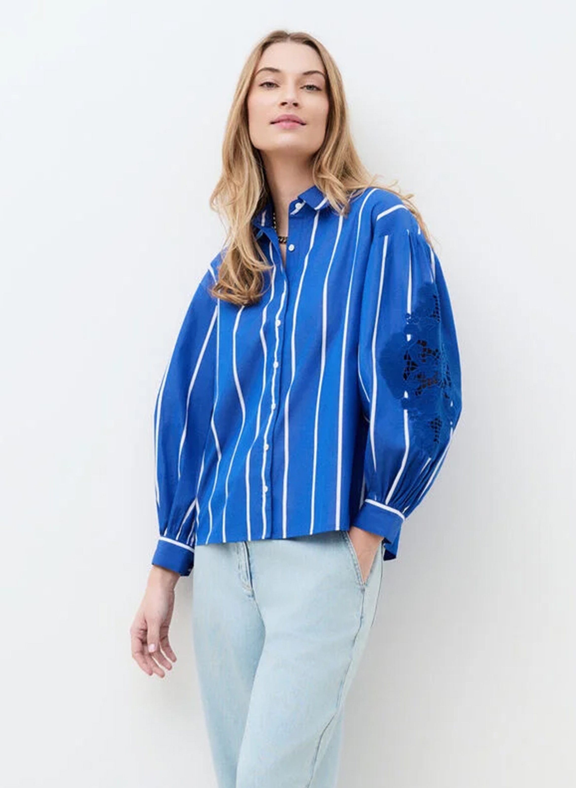 Chemise droite col classique en coton rayé CAROLL Bleu