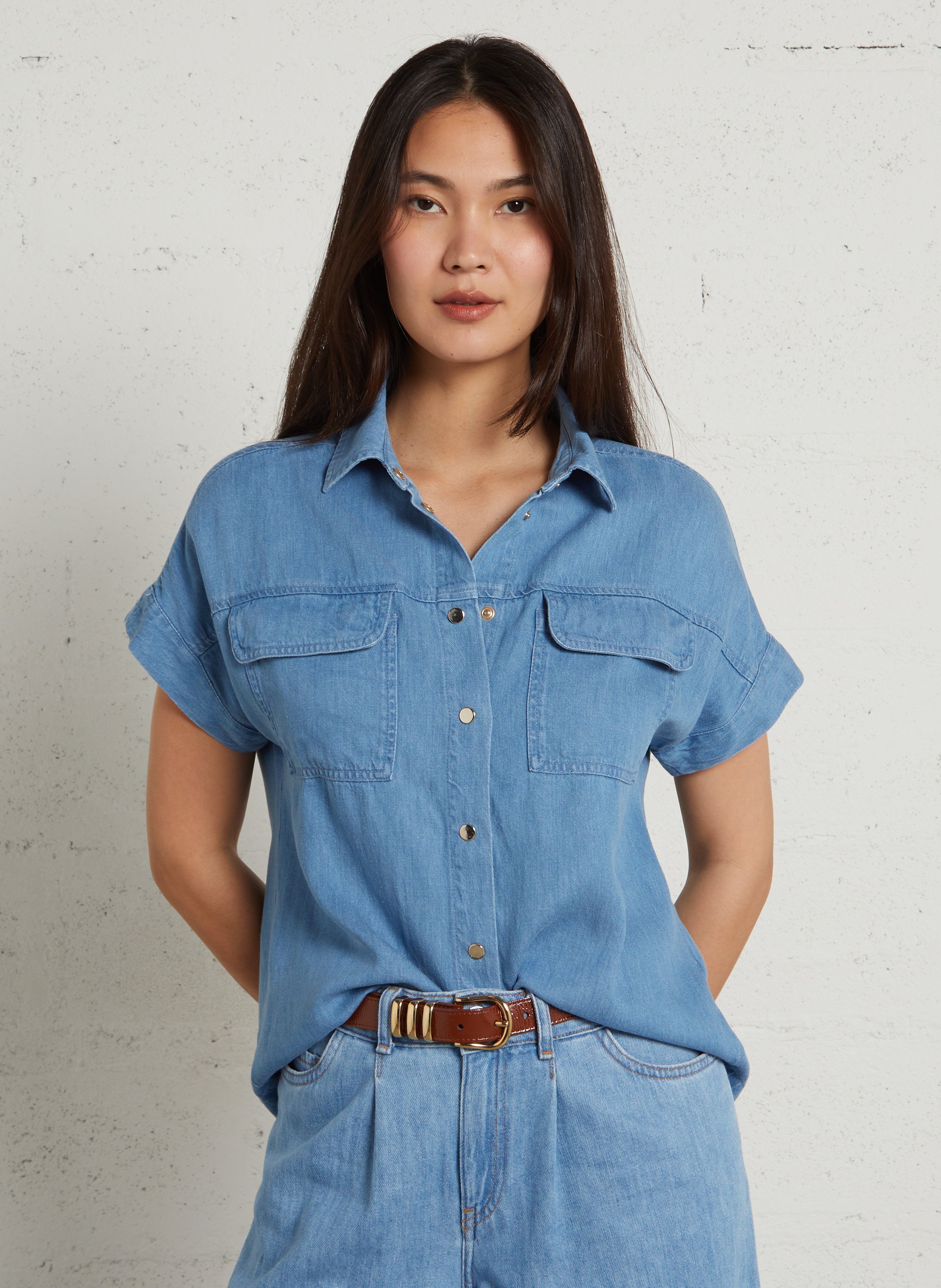 Chemise manches courtes en denim MAISON 123 Bleu