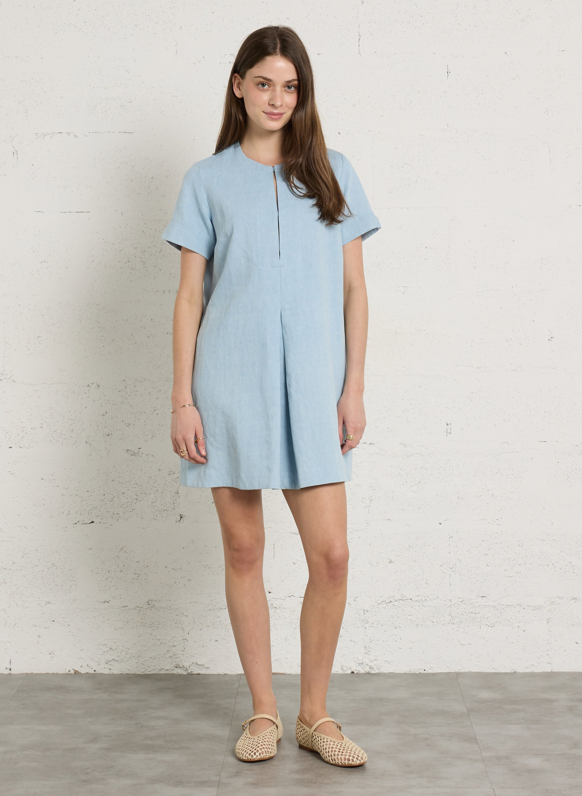 Robe courte col rond en denim de coton mélangé SUZIE WINKLE Bleu