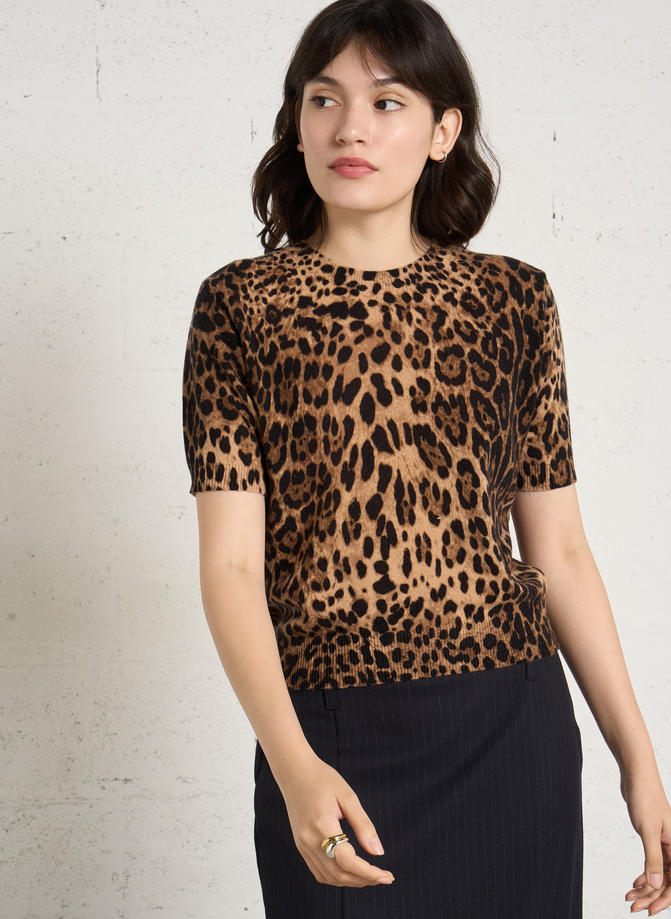Leopard-print short-sleeved wool sweater PLEASE Multicolored