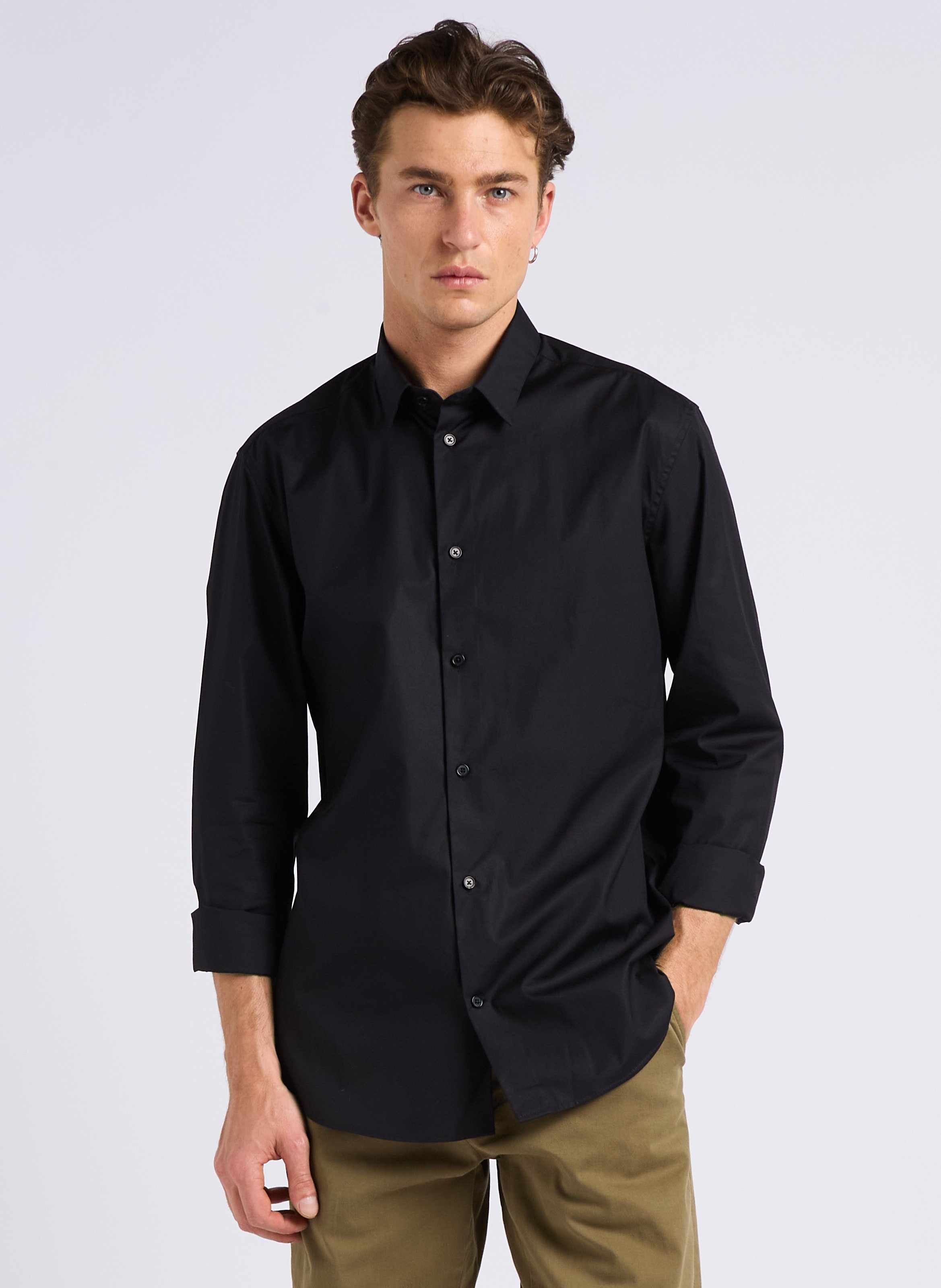 Slim-fit cotton shirt with classic collar AU PRINTEMPS PARIS Black