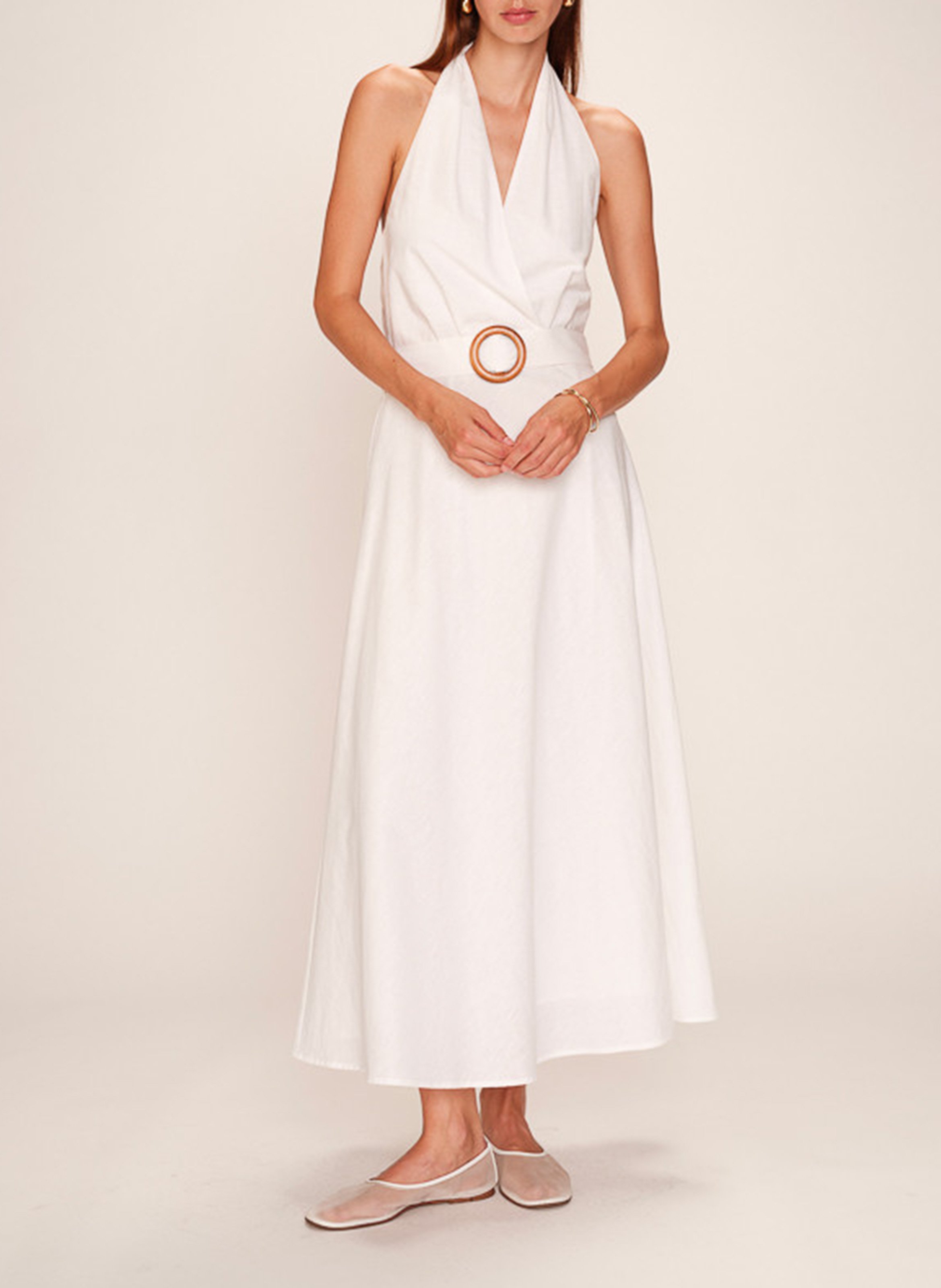 Long V-neck linen-blend dress GRACE ET MILA White