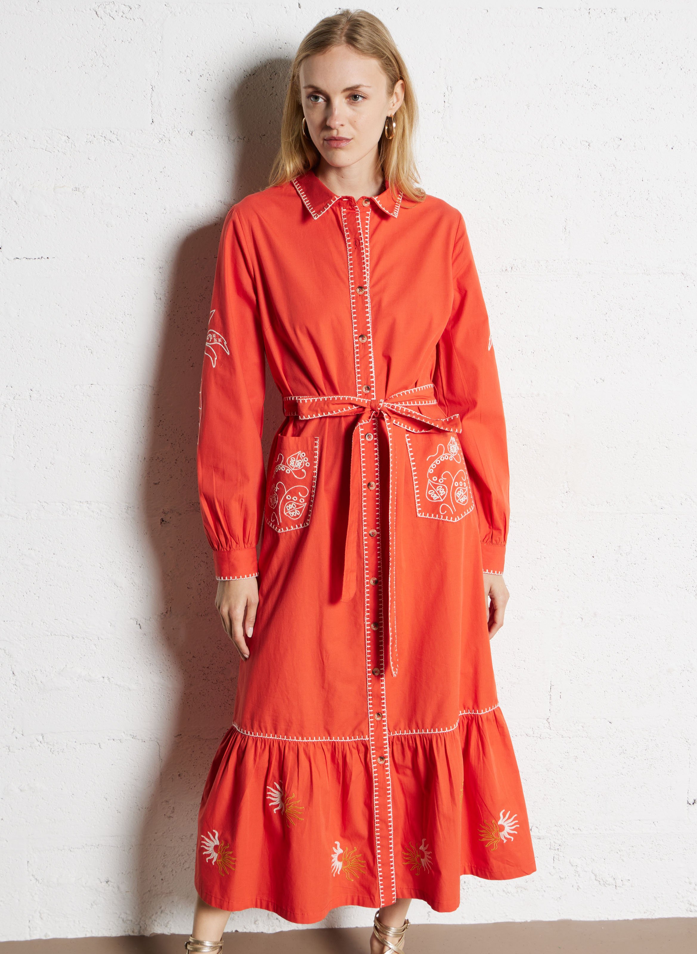 Embroidered straight belted shirt dress NEVER FULLY DRESSED Red
