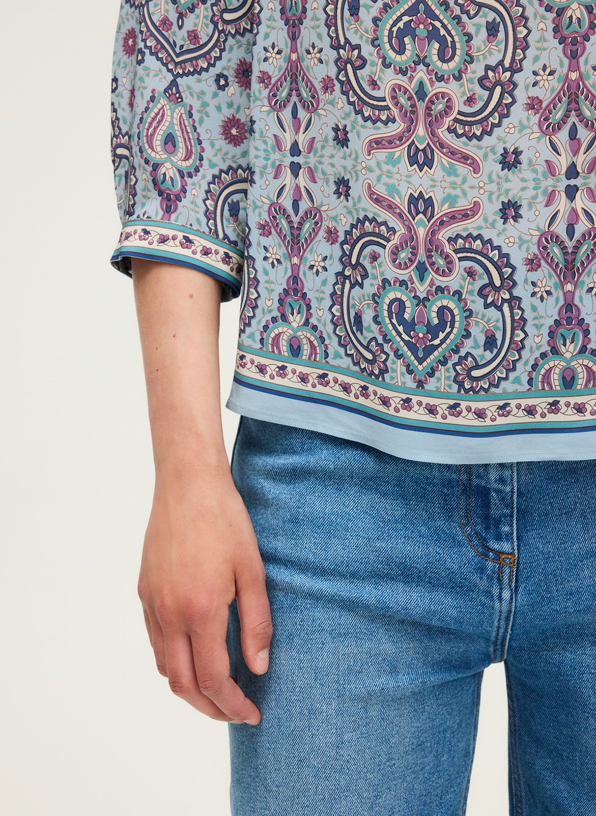 Blouse col tunisien imprimée PABLO Bleu