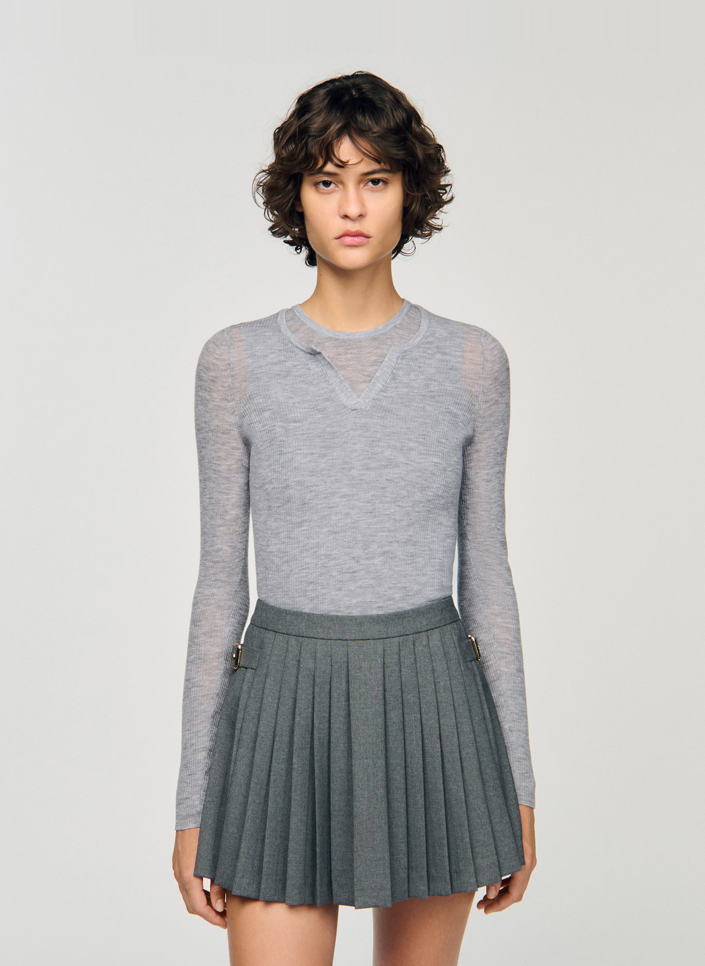 Pull col rond 2 en 1 en laine SANDRO Gris