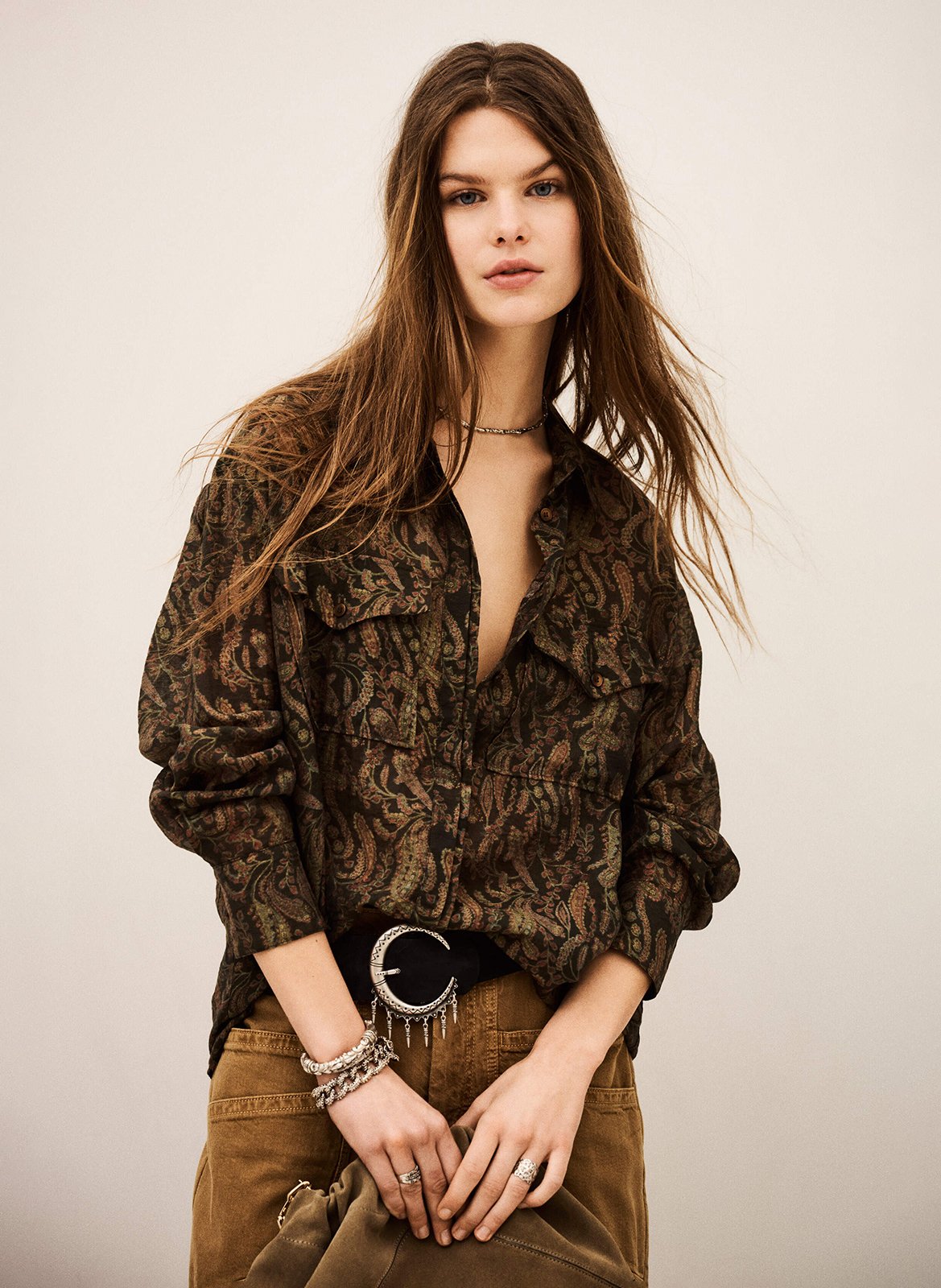 Chemise droite col classique imprimée BA&SH Kaki