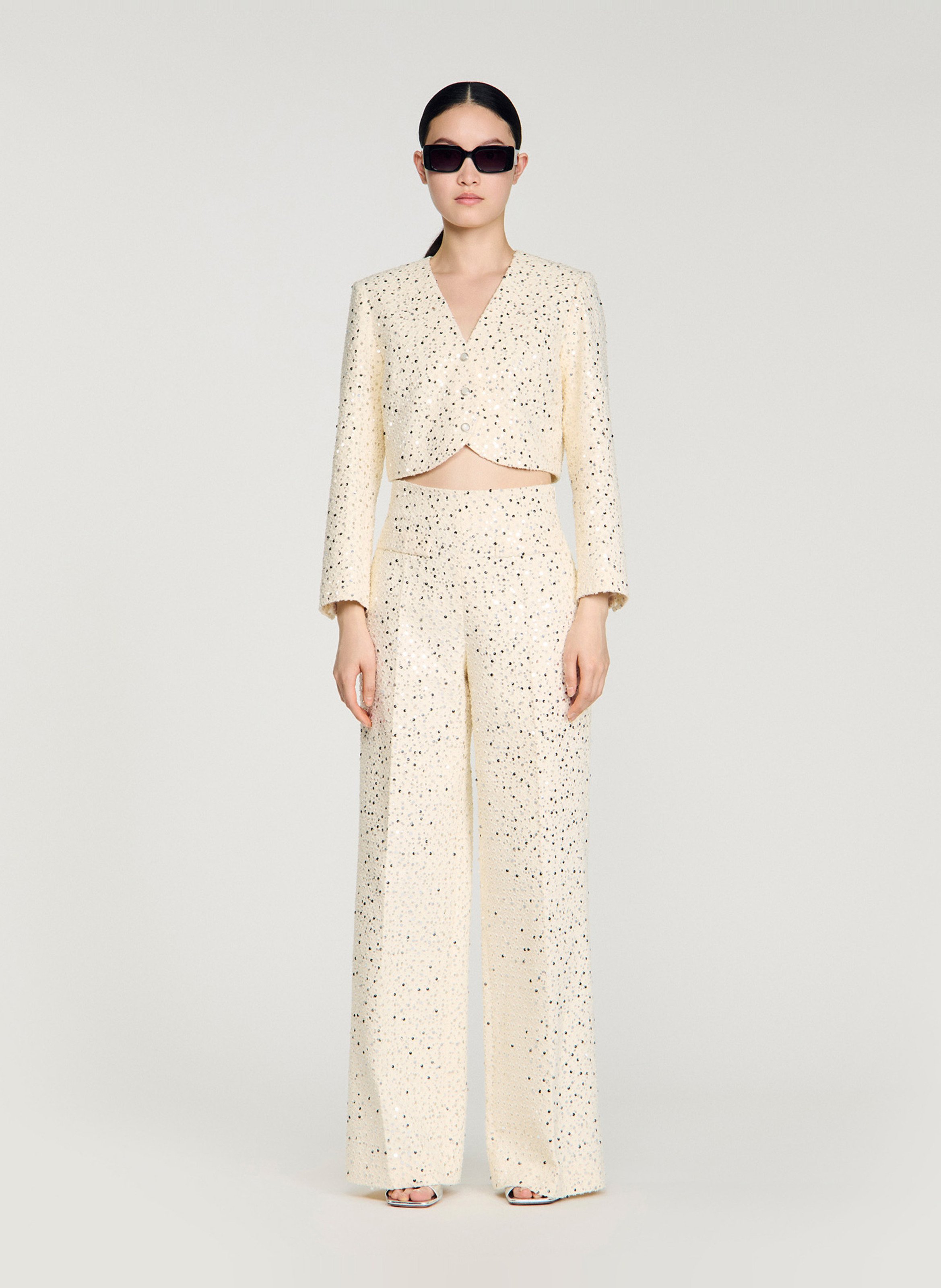 Pantalon taille haute droite à sequins SANDRO Beige